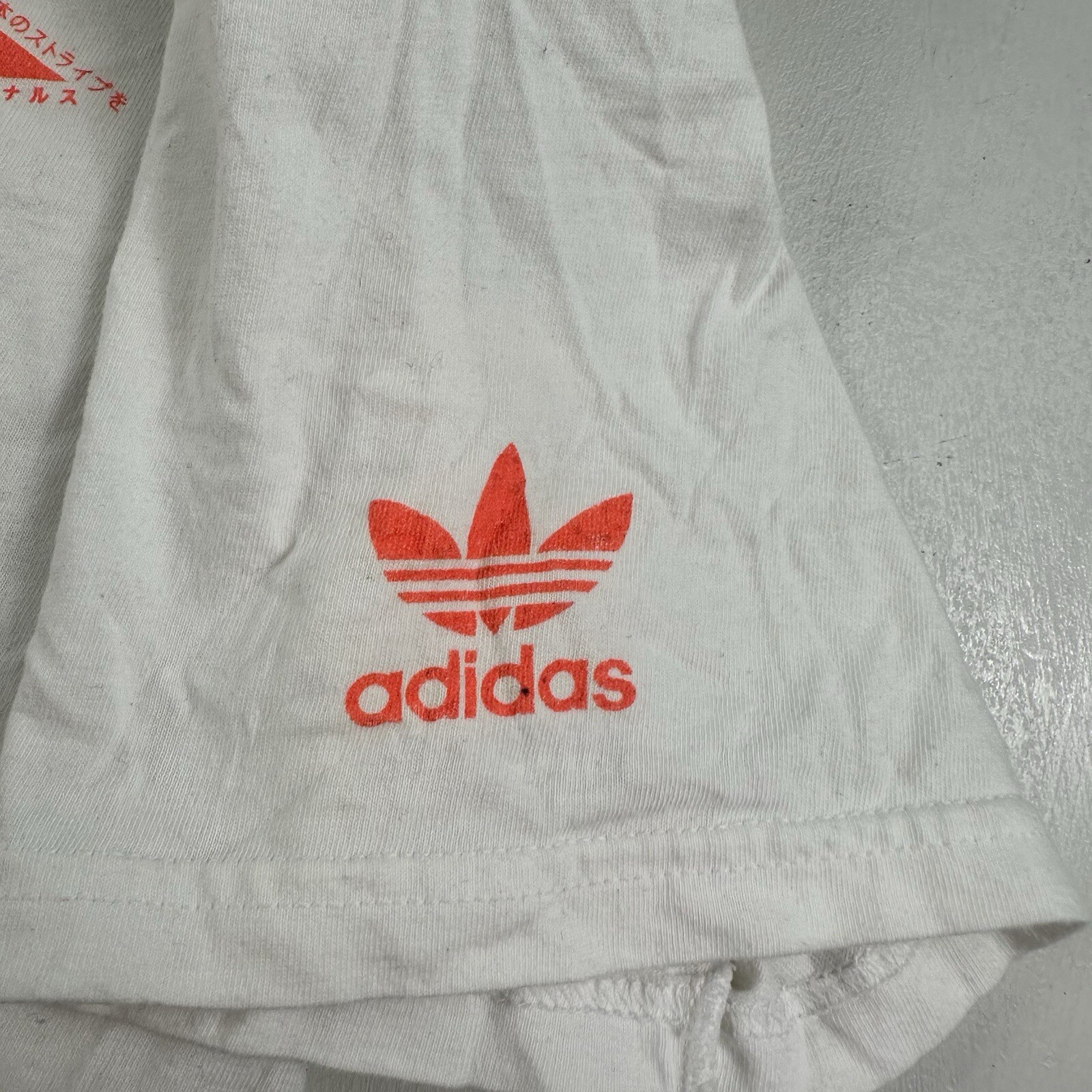 ADIDAS Japan Script Print T-Shirt Mens Small Trefoil Text Logo White Orange gallery