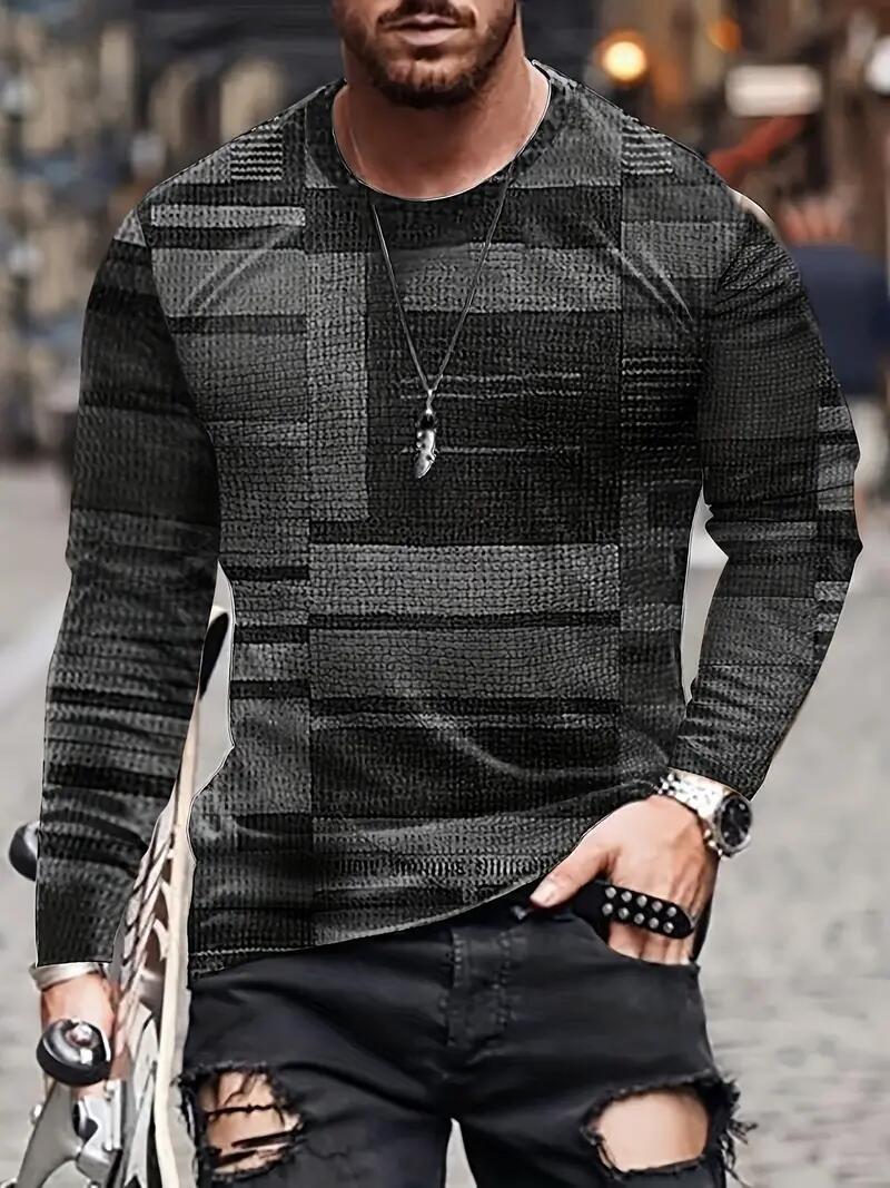 Patchwork Fashion Men's Color Block Long Sleeve T Shirt Black Graphite Gray Tee gallery