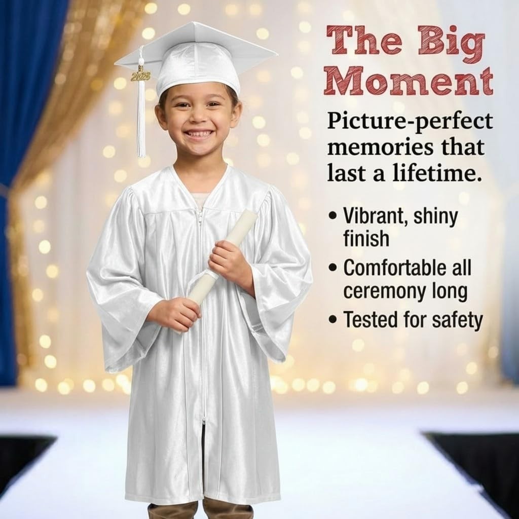 Medium White Shiny Child Graduation Cap, Gown, Tassel and 2026 Charm Set, Kin... gallery