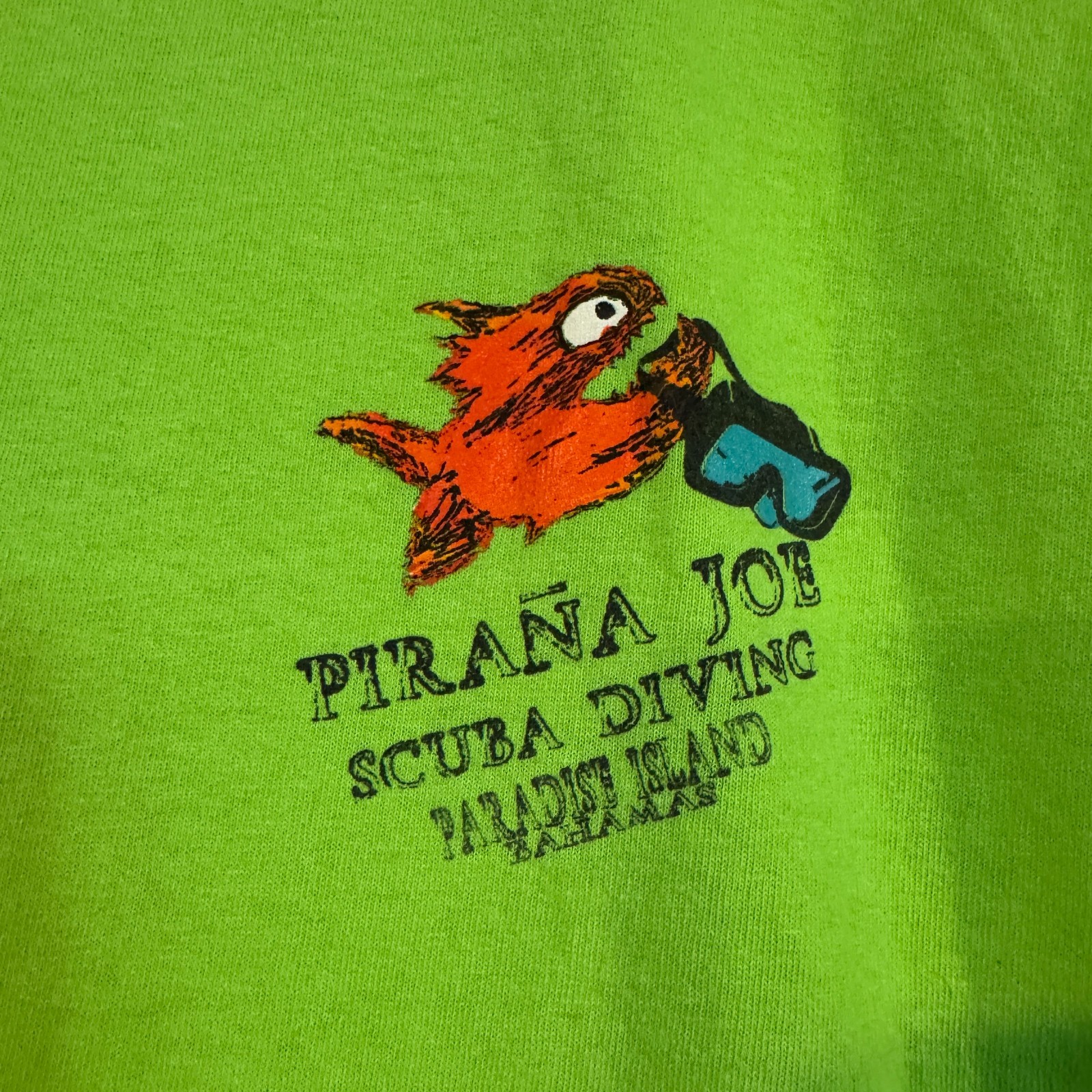 Pirana Joe Shirt Mens Large Lime Green Scuba Diving Paradise Island Bahamas Tee gallery