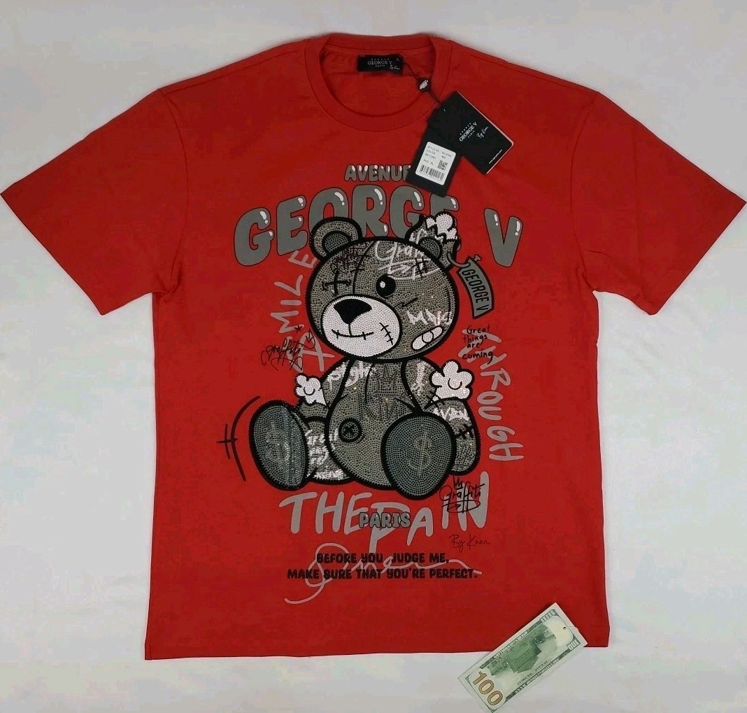 NWT Men’s Avenue George V Paris Red Teddy Bear Rhinestone T Shirt Size XL