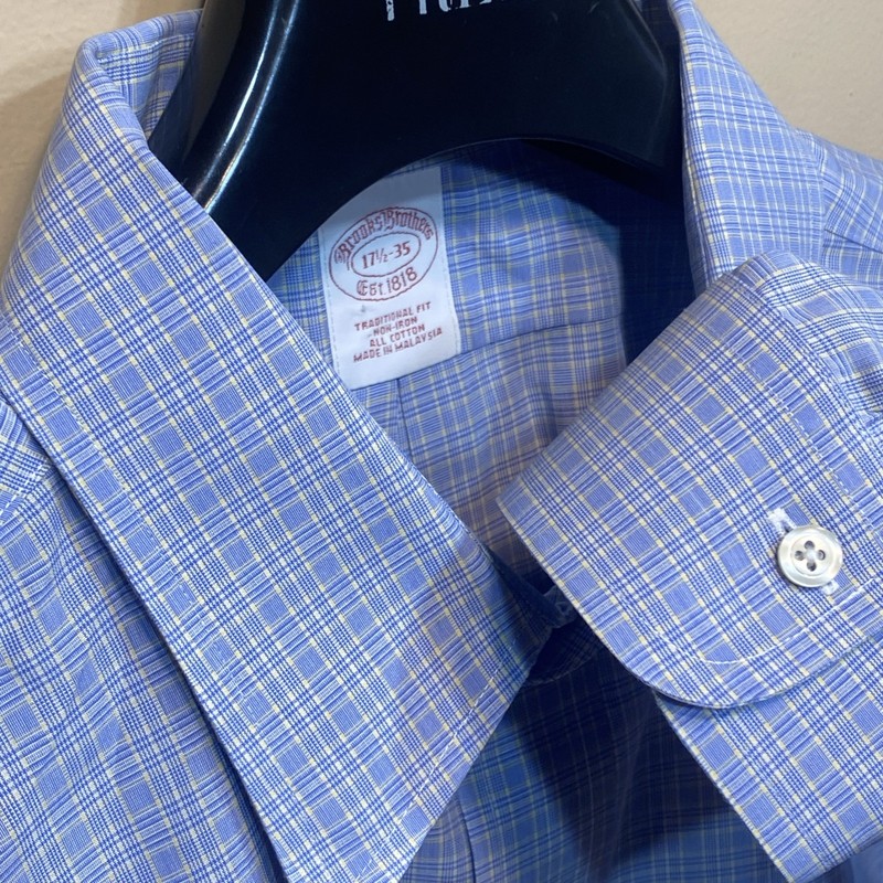 Brooks Brothers Dress Shirt 17.5 XXL Mens Blue Plaid Non-Iron Button Up E4