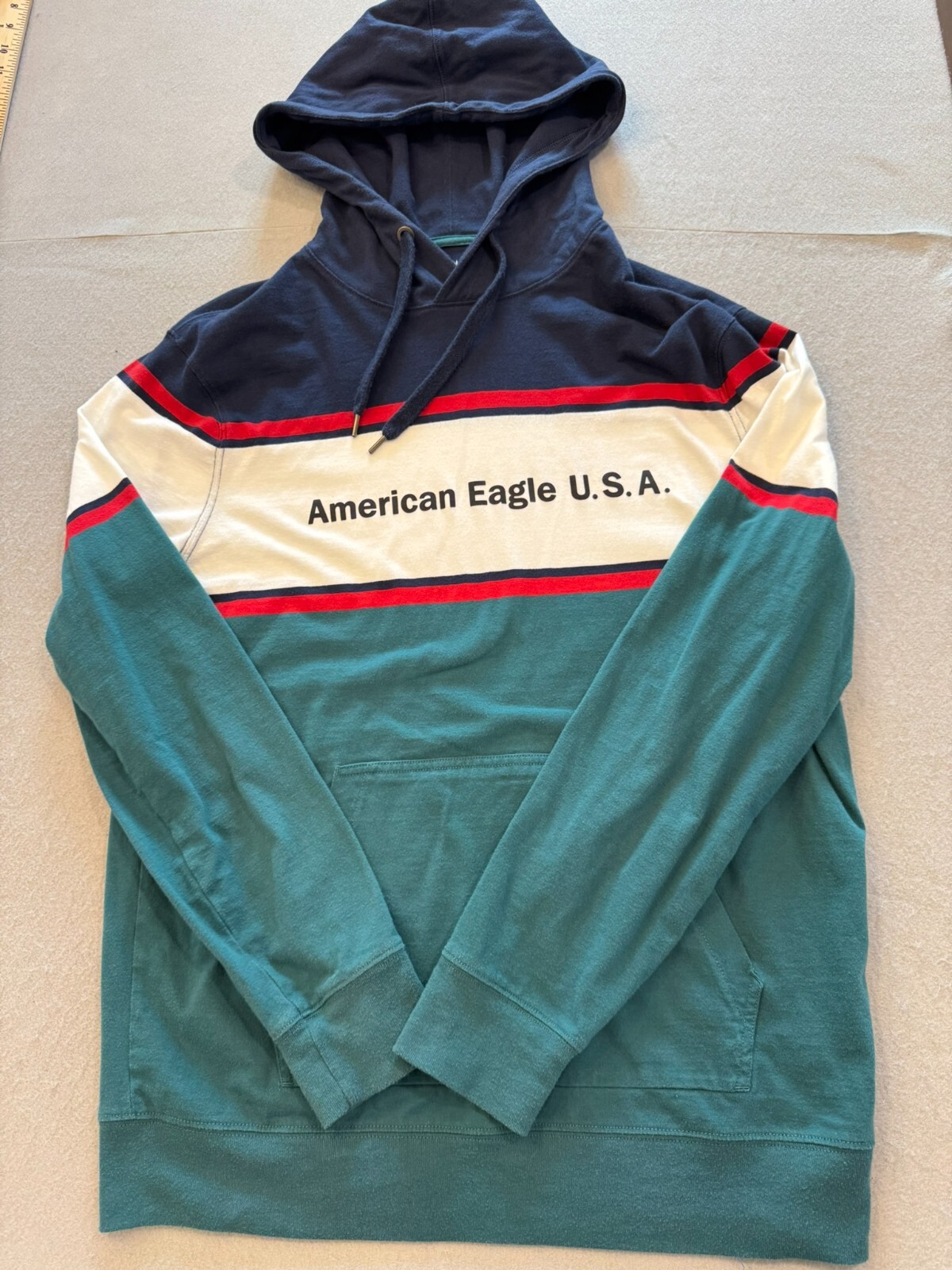 American Eagle Hooded T Shirt Men’s Large Standard Fit Colorblock U.S.A Logo