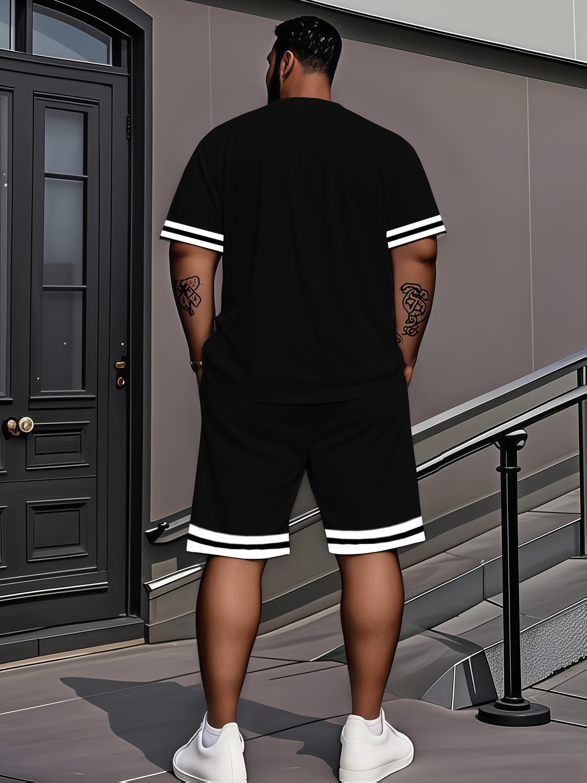 Plus-size men's T-shirt set, casual style, crew neck, short-sleeved, shorts set gallery