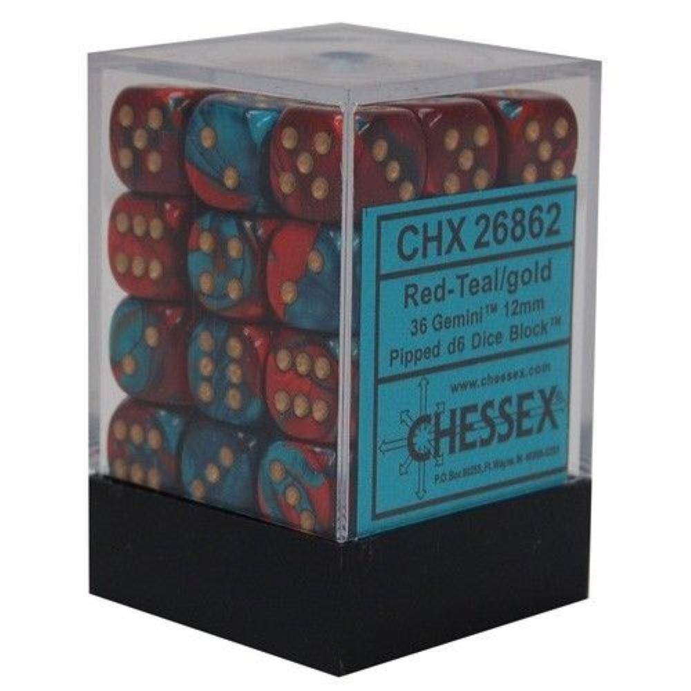 Chessex Dice d6 Sets Gemini Red / Teal with Gold 12mm Six Sided 36 Die CHX 26862