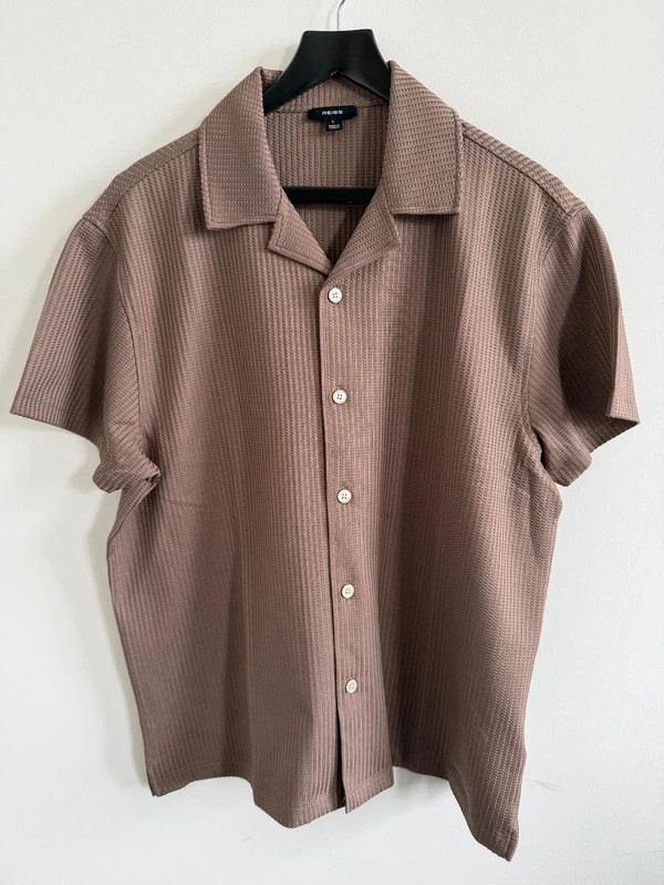 REISS Mens Taupe Brown Warwick Cuban Collar SS Shirt Designer Textured