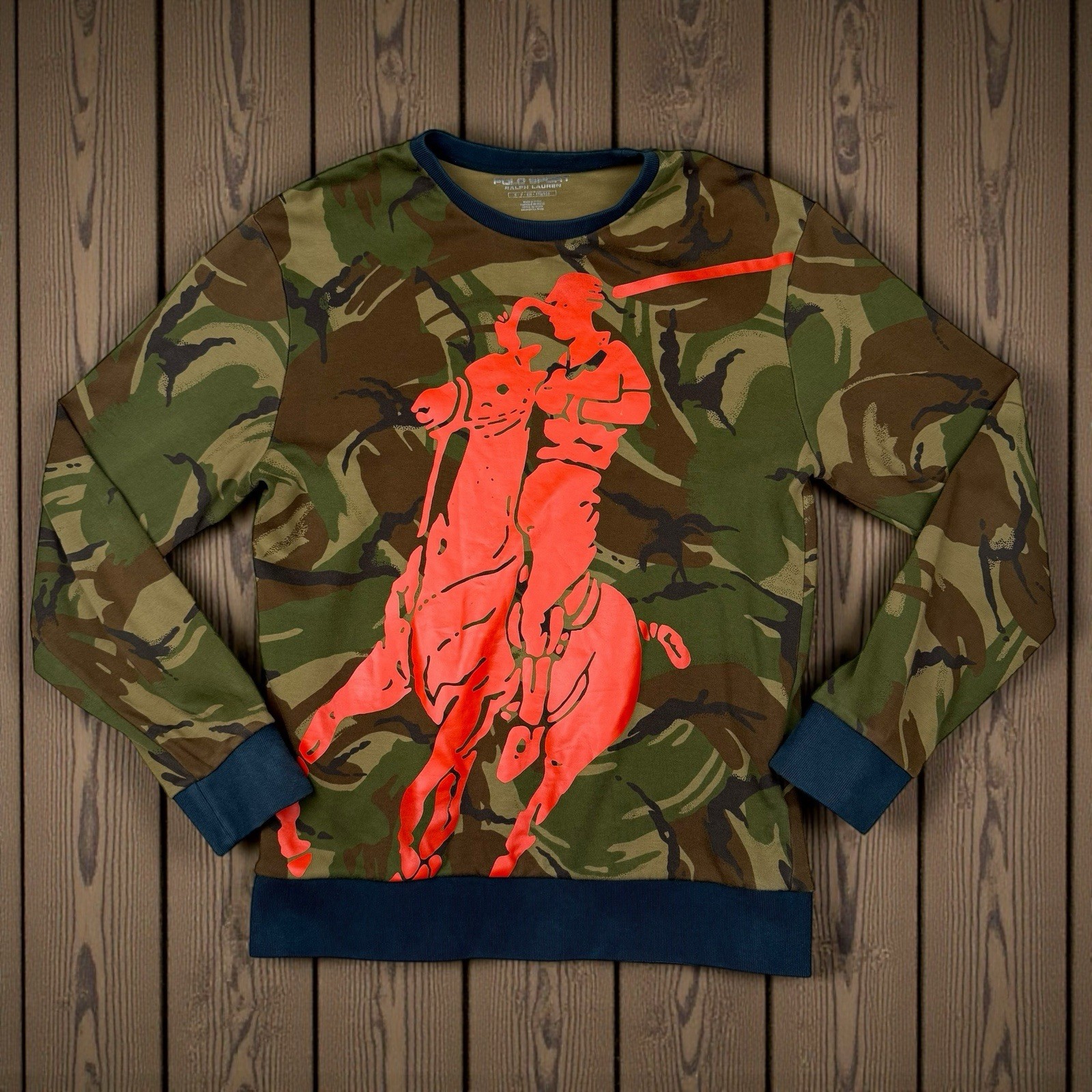 Ralph Lauren POLO Big Orange Pony on Green Black Camo Long Sleeve Tee Shirt Sm