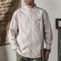 Spring Retro Stand Collar Striped Shirt Mens Long-sleeved Loose Shirt Jacket
