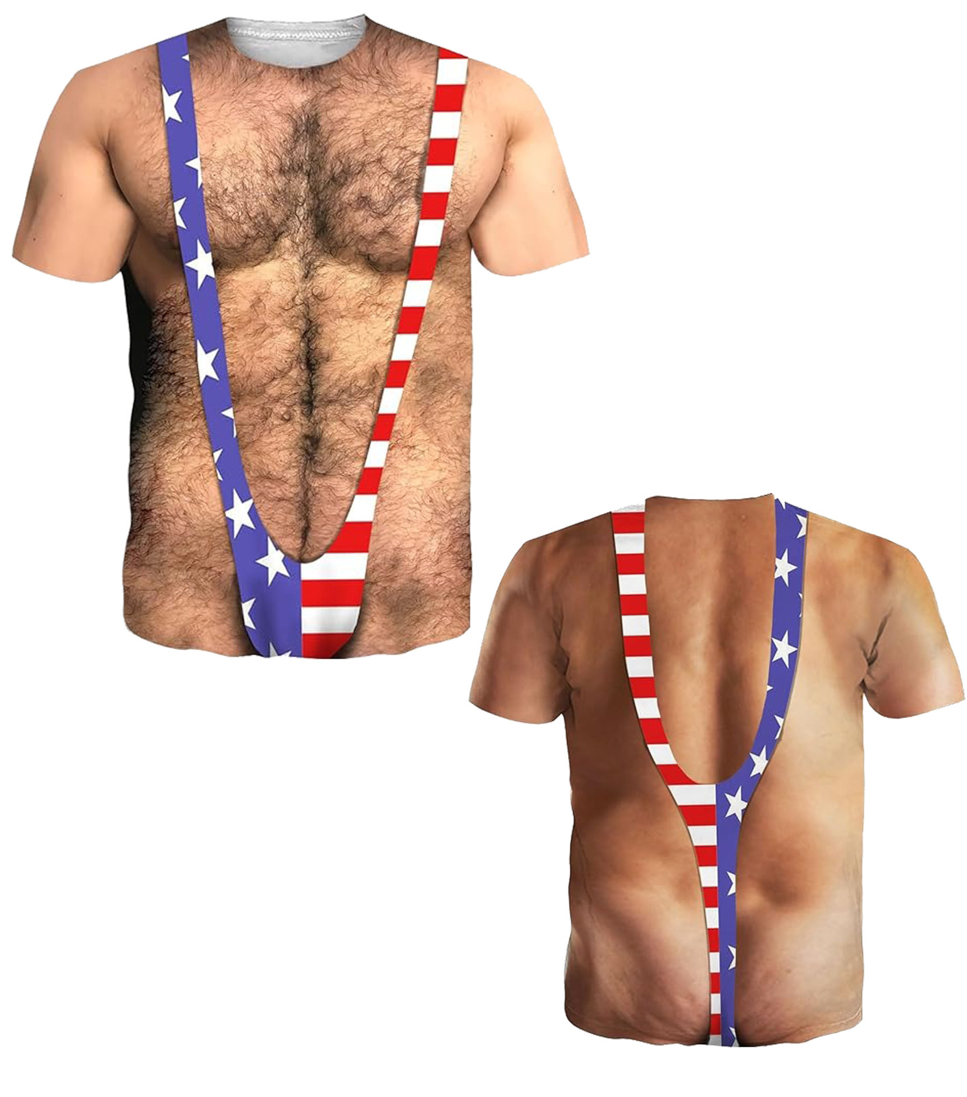 Funny USA Flag Borat Swimsuit T-Shirt 3D Hairy Chest Bikini Graphic Gag Gift Tee gallery