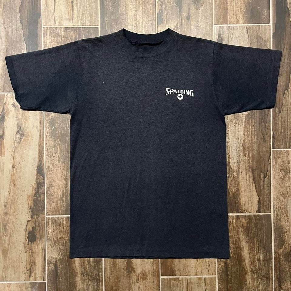 VTG Spalding T-Shirt Men's M Black Polycotton Spellout Logo Faded 90s gallery