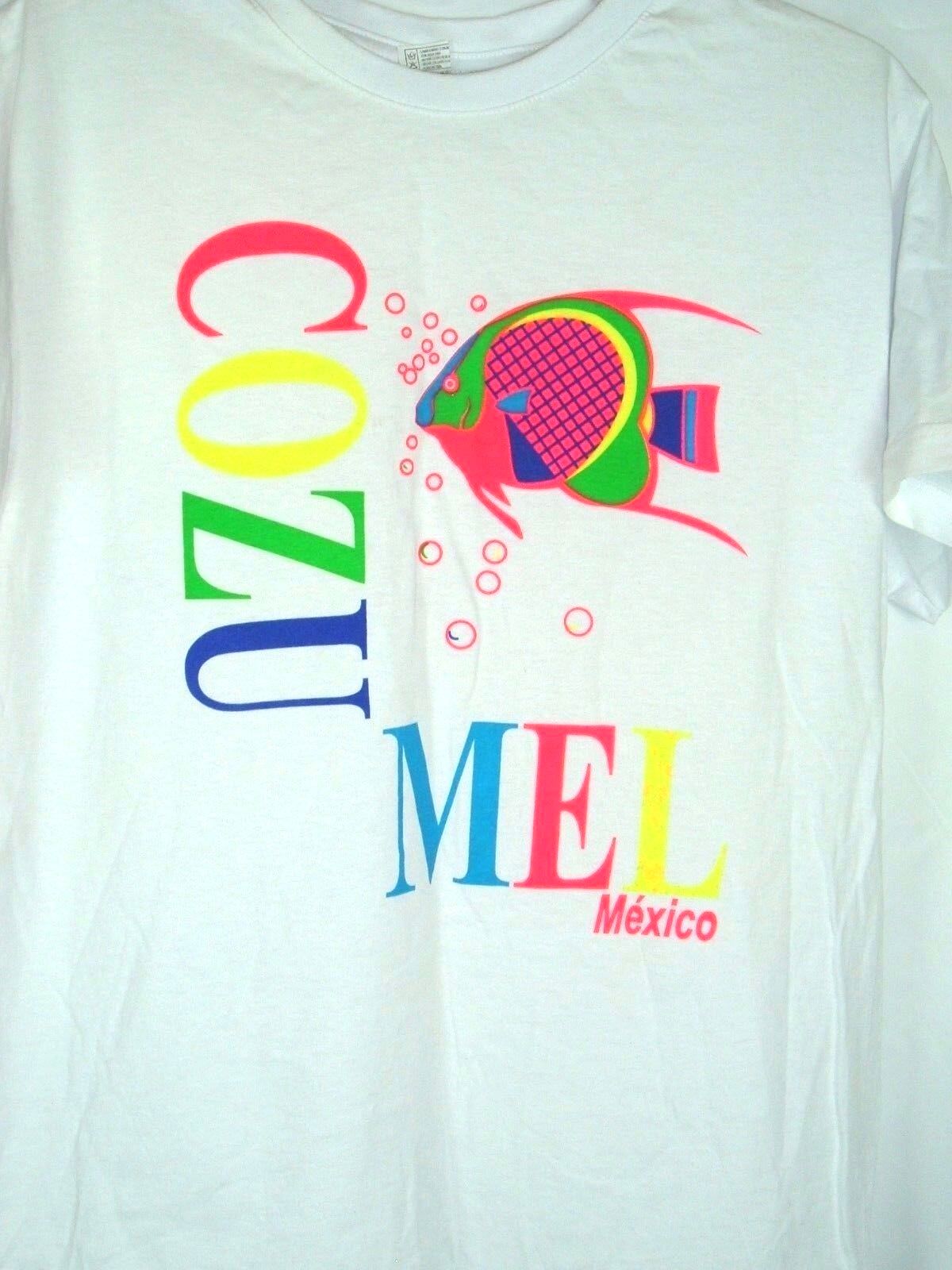 Vintage Cozumel Mexico Unisex White Florescent Fish T shirt M beach cruise Neon
