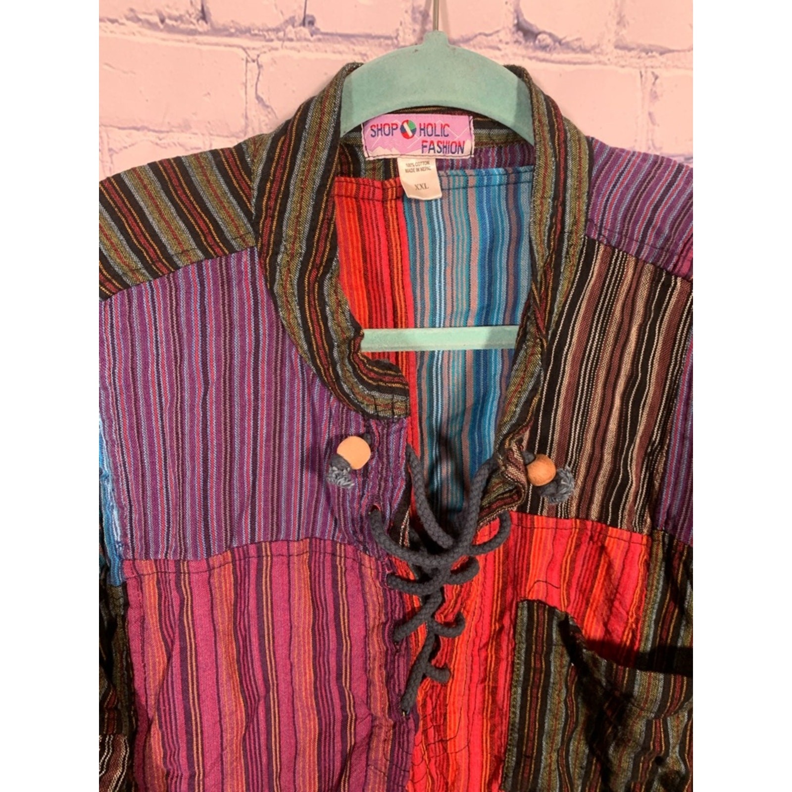 Mens Patchwork Short Sleeve Shirt Lace Up Front Multi XXL Festival Boho Hippie gallery