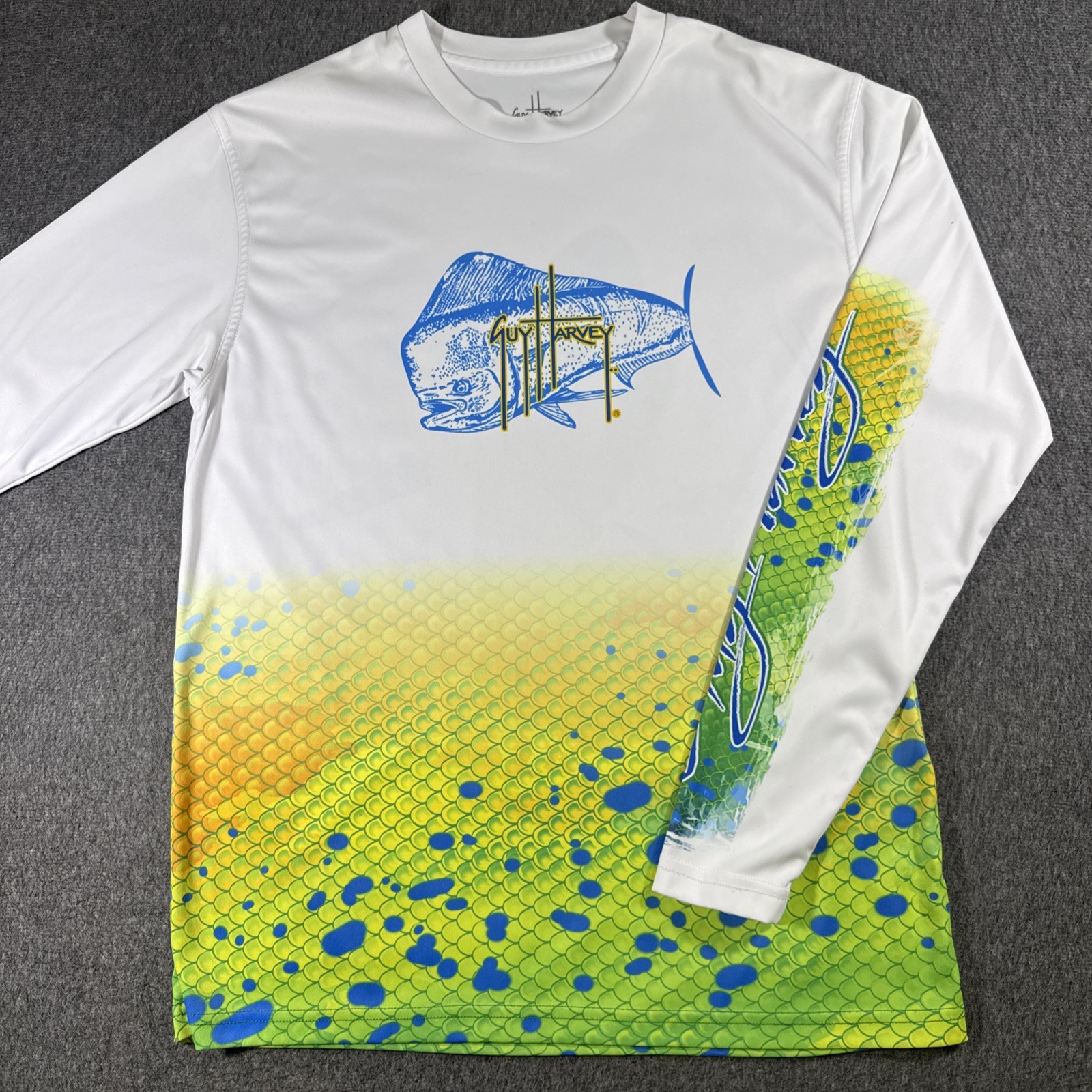 Guy Harvey AFTCO Shirt Mens Small Long Sleeve White Fishing Bluewater Mahi Mahi