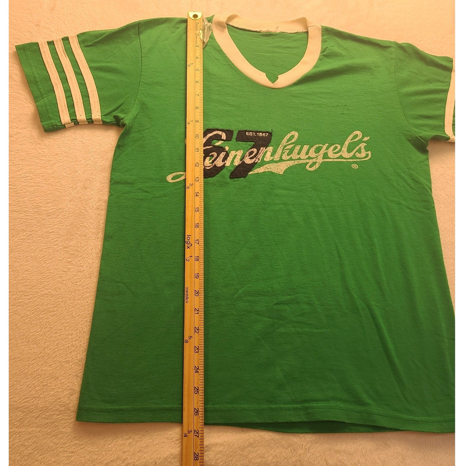 Vintage Leinenkugels Beer Green Ringer T-Shirt V-Neck Athletic Stripe Distressed gallery