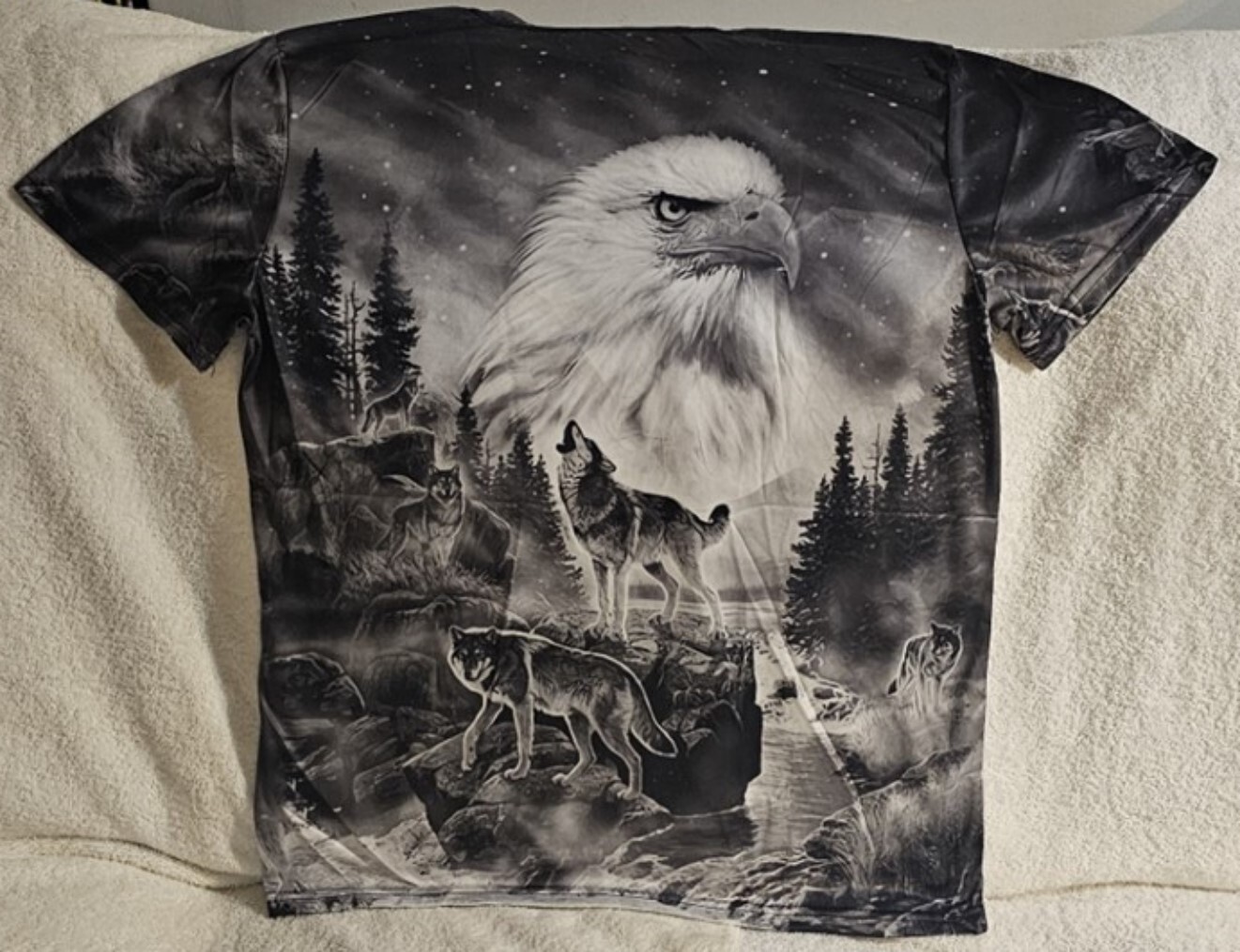 EAGLE WOLF WOLVES TREE FOREST WATER STARS SKY BIRD ANIMAL OUTDOOR T-SHIRT SHIRT gallery