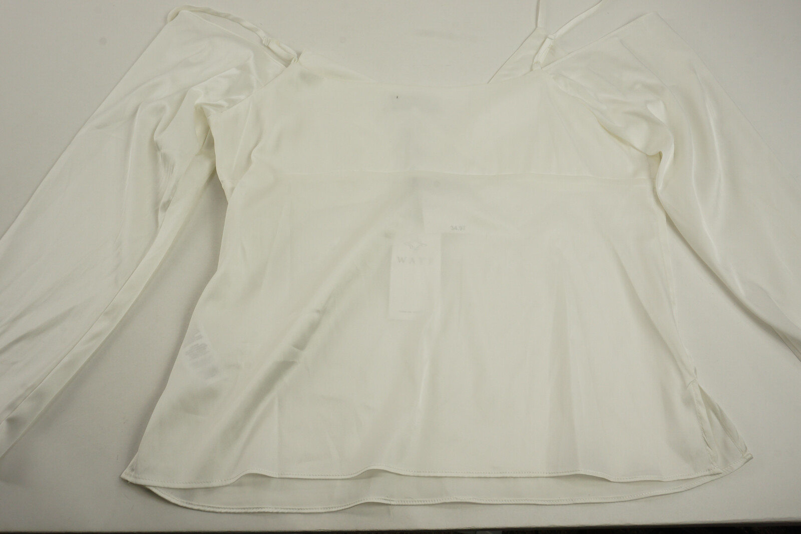 New WAYF Women Size M Ivory Satin Cold Shoulder Long Sleeve Spaghetti V-Neck Top gallery