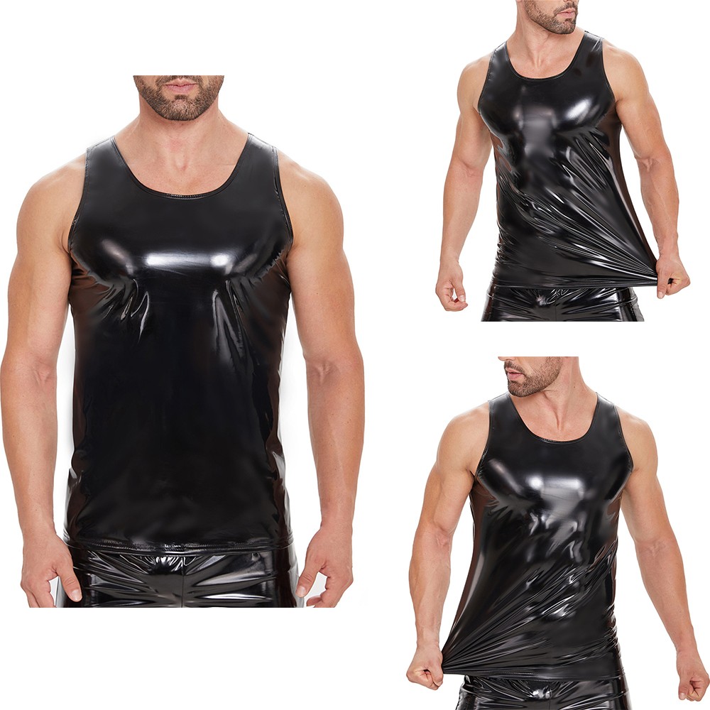 Gym Muscle Men's Sexy Sleeveless Vest T-shirt Pvc Leather Sexy Sports Club Vest gallery