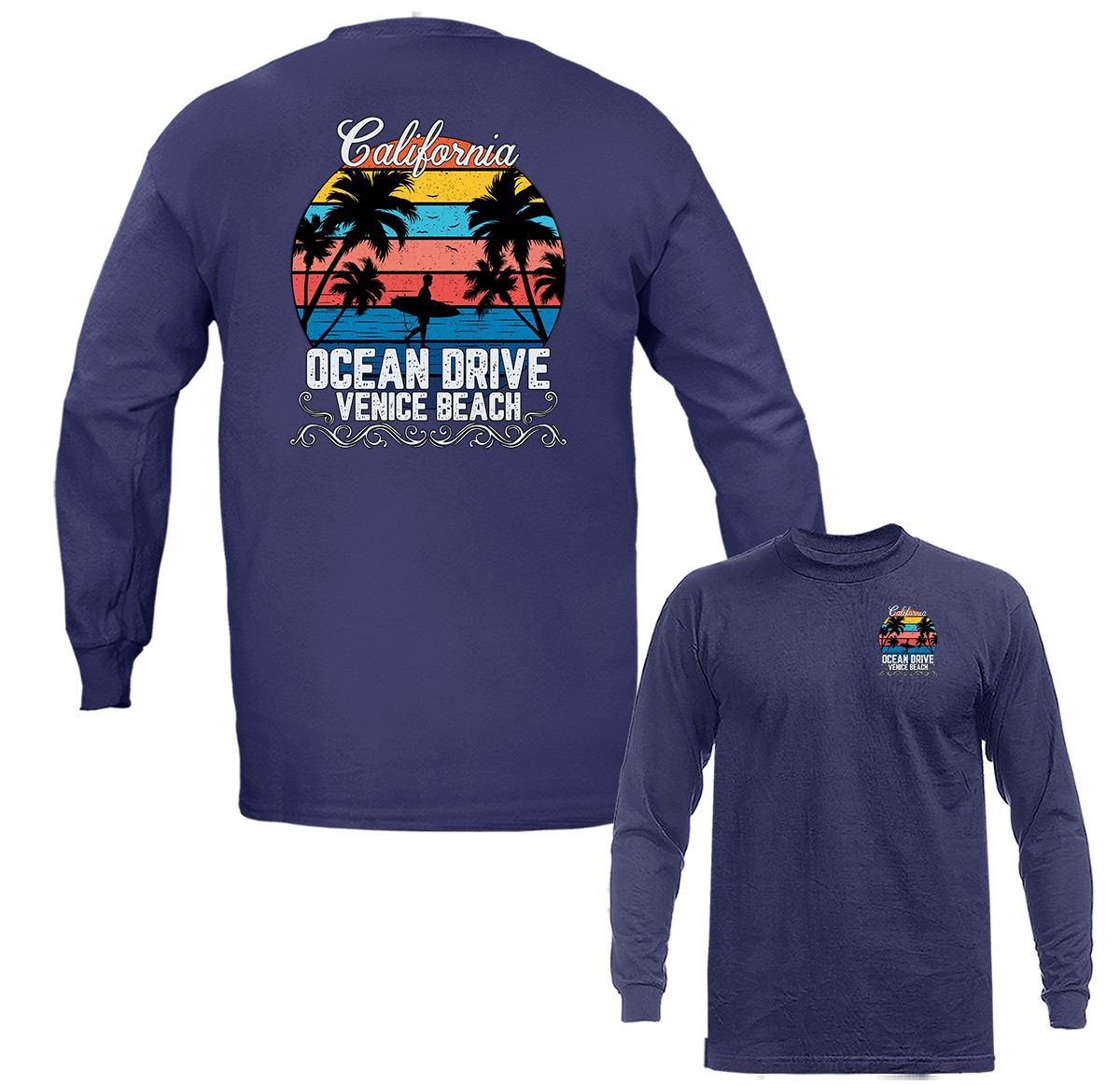 California Ocean Drive Venice Beach Surfing Long Sleeve T-Shirt