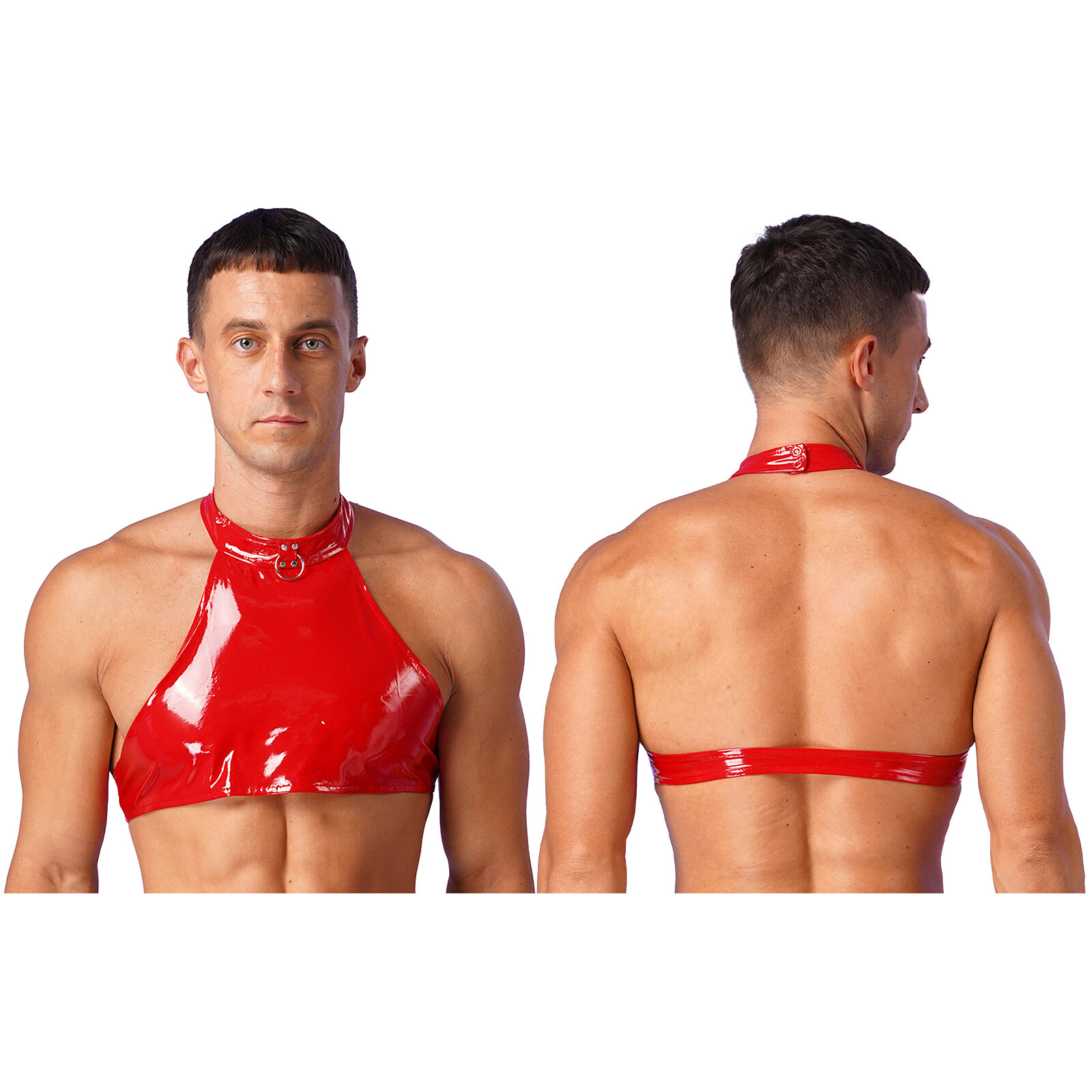 Mens Crop Top Wetlook PVC Leather Halter Neck Vest Shirts for Clubwear Party