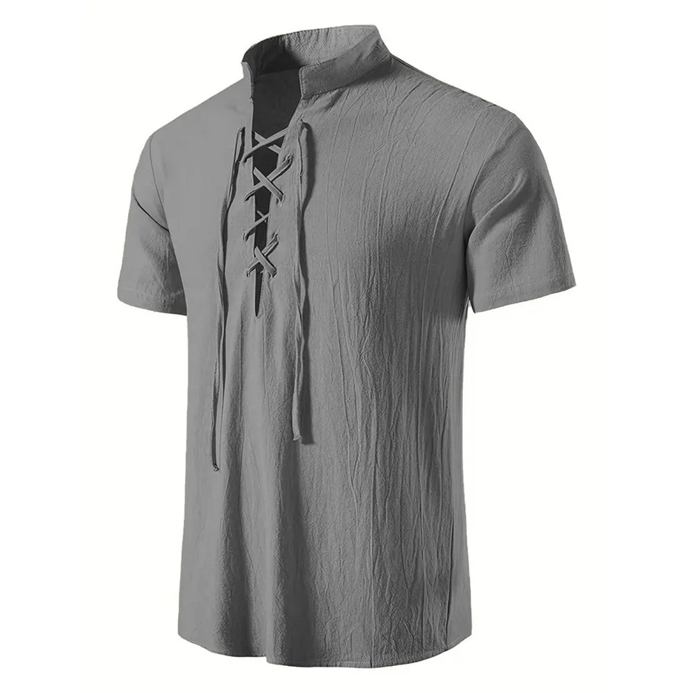 Men's Retro Cotton Linen Shirt Stylish Pirate V-neck S-XXL Trendy Comfy Gift Tee gallery