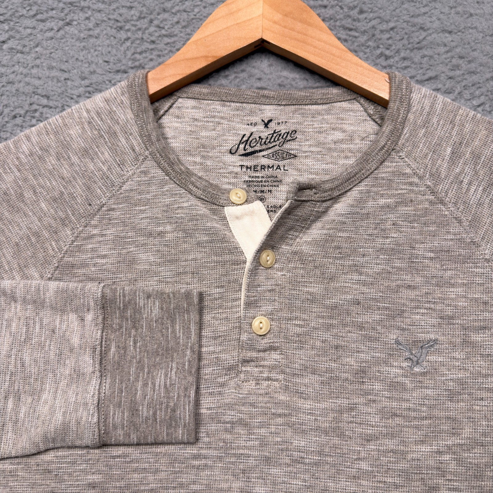 American Eagle Thermal Henley Shirt Mens Medium Gray Classic Fit Long Sleeve gallery