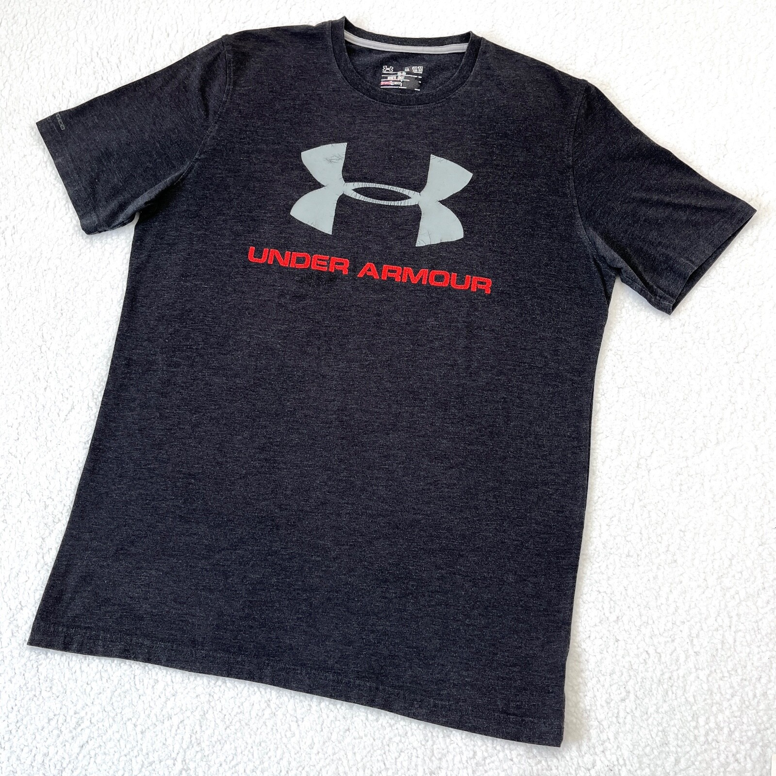 Under Armour Shirt Mens Medium Black Red Spell Out UA Logo Heat Gear Outdoors B2 gallery