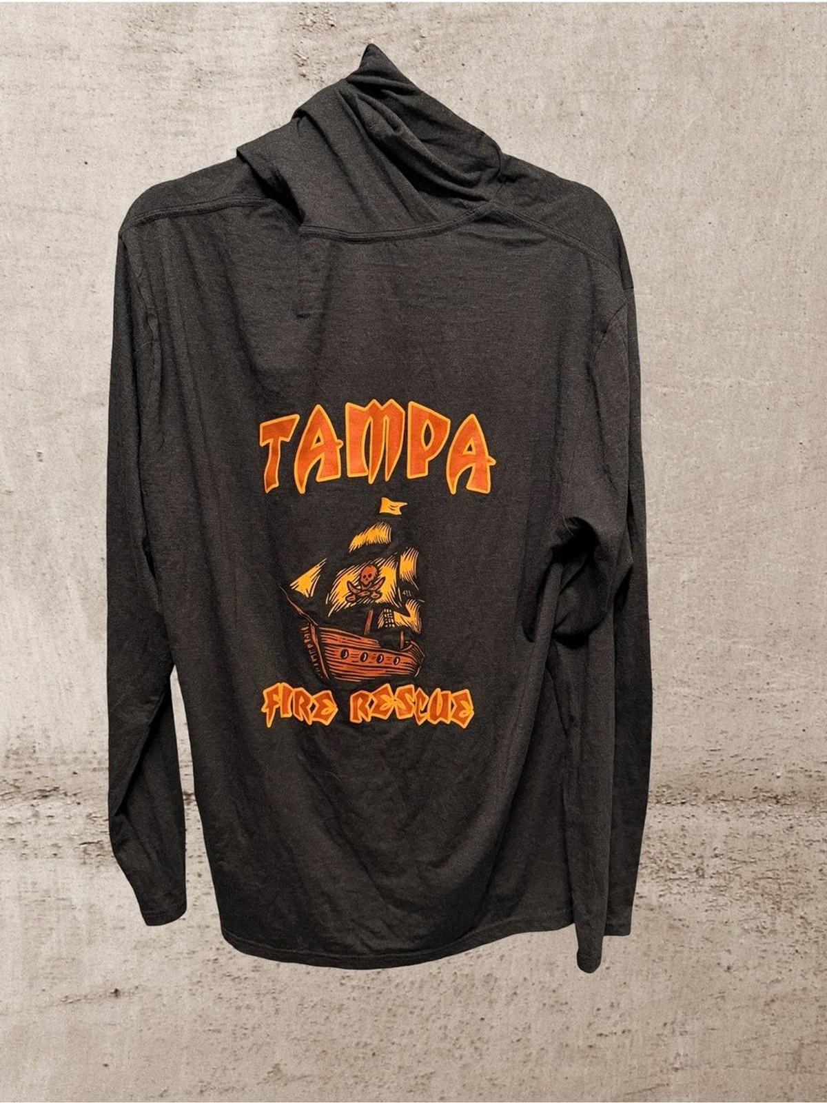 District Black Long-Sleeve Hooded Tee with Orange Badge
