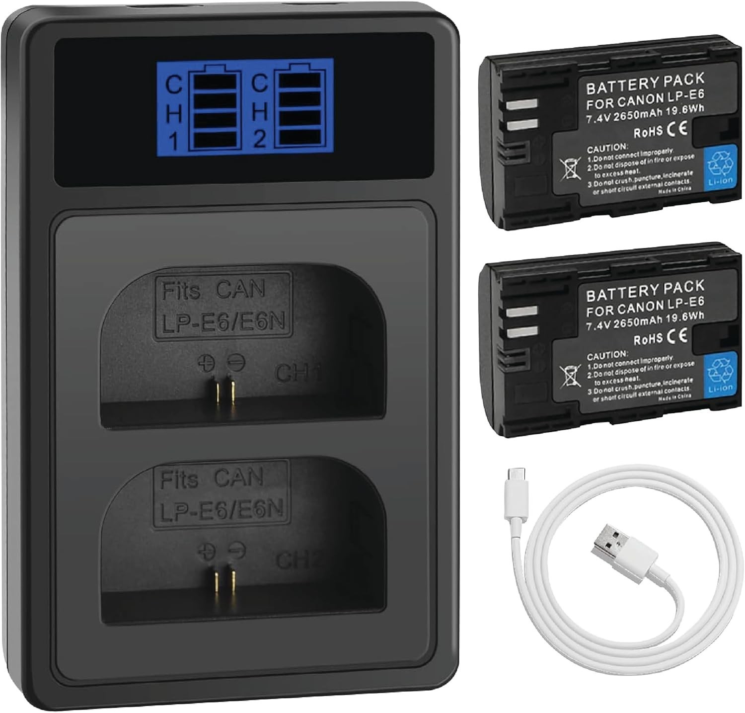 2-Pack LP-E6 LP-E6N Batteries with Dual Slot USB Charger for Canon EOS R5 R6 R7