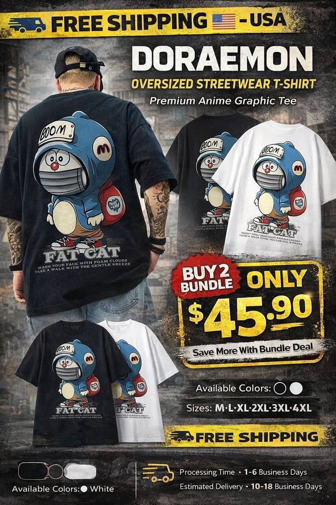Doraemon Anime Oversized T Shirt Men Streetwear Graphic Tee Free Ship