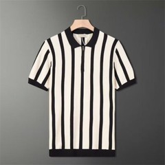 Retro Striped Men’s Short Sleeve Slim Fit Shirts Knitted Shirt Casual Shirt