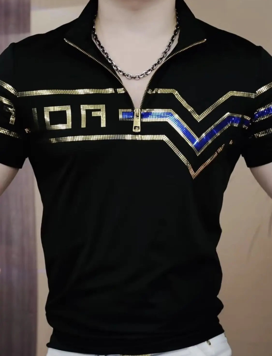 New Men Luxury Diamond Rhinestones Fashion Black Polo T-Shirt High Quality gallery