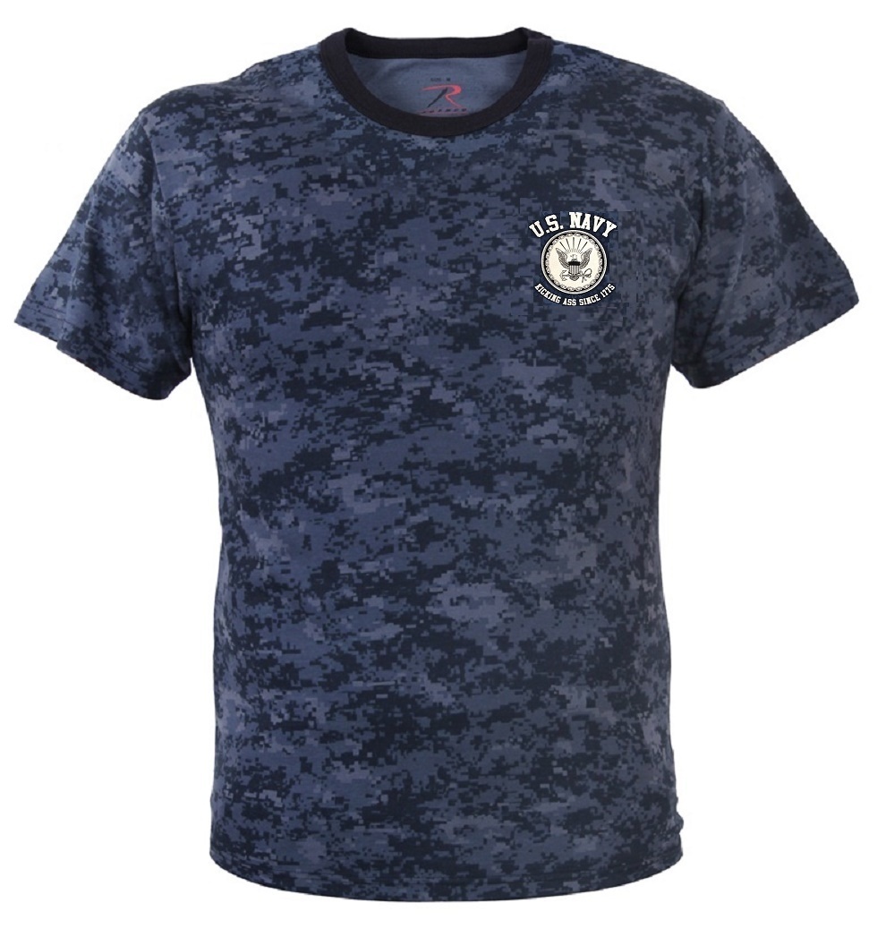 US Navy KICKING ASS Since 1775 Midnight Blue Digital Camo T-Shirt Vet Veteran gallery