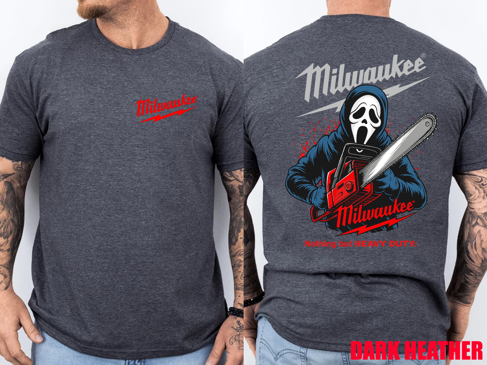 Milwaukee Tools Ghost Face With Chainsaw 2 Sided Unisex Tee–Halloween Character gallery