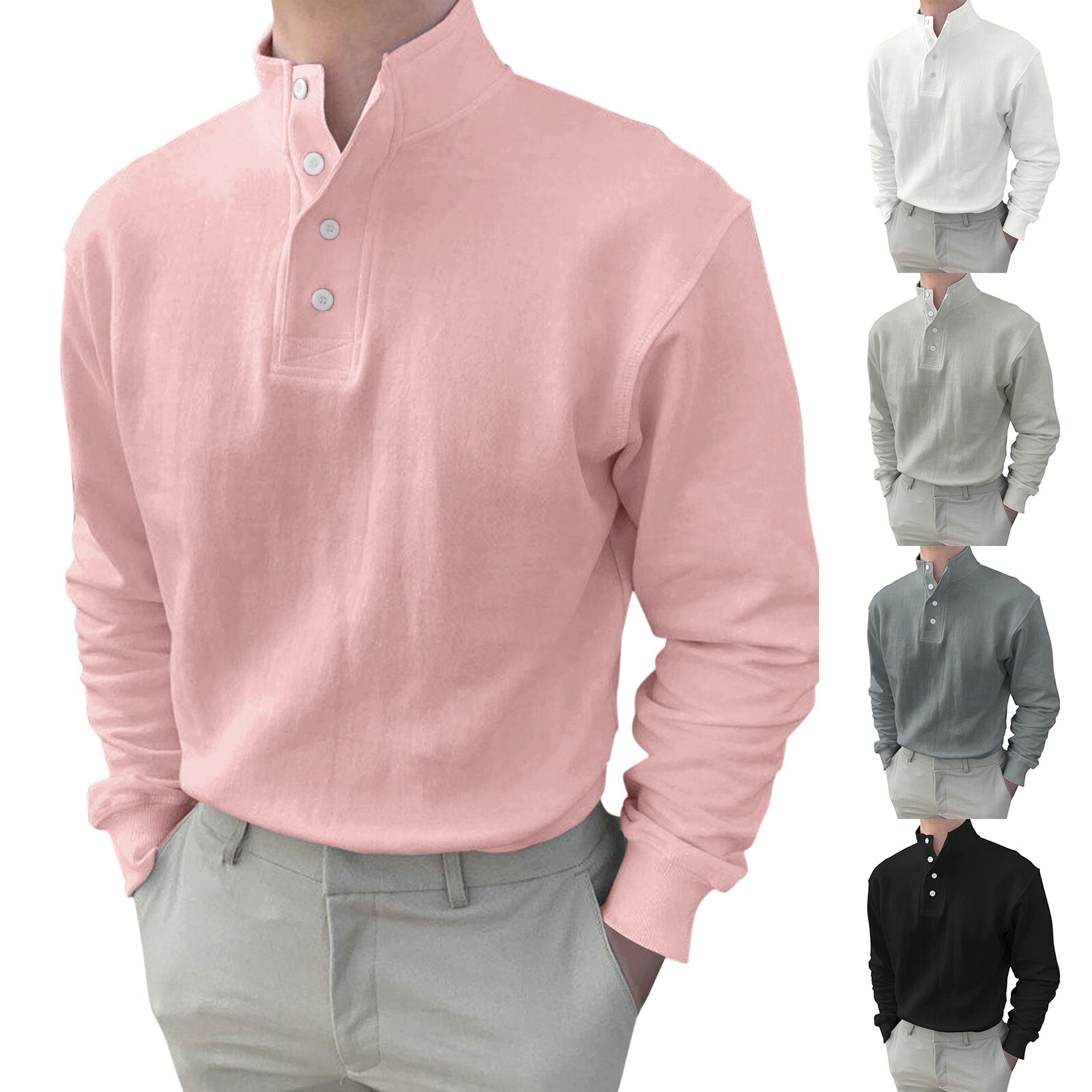 Men Button High Neck Stand Collar Solid Blouse Long Sleeve Top Cotton Shirt gallery
