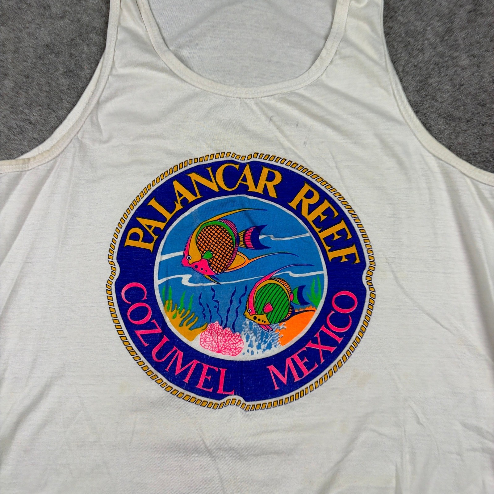 Vintage Palancar Reef Cozumel Mexico Tank Top Mens XL White Souvenir Fish 90s gallery