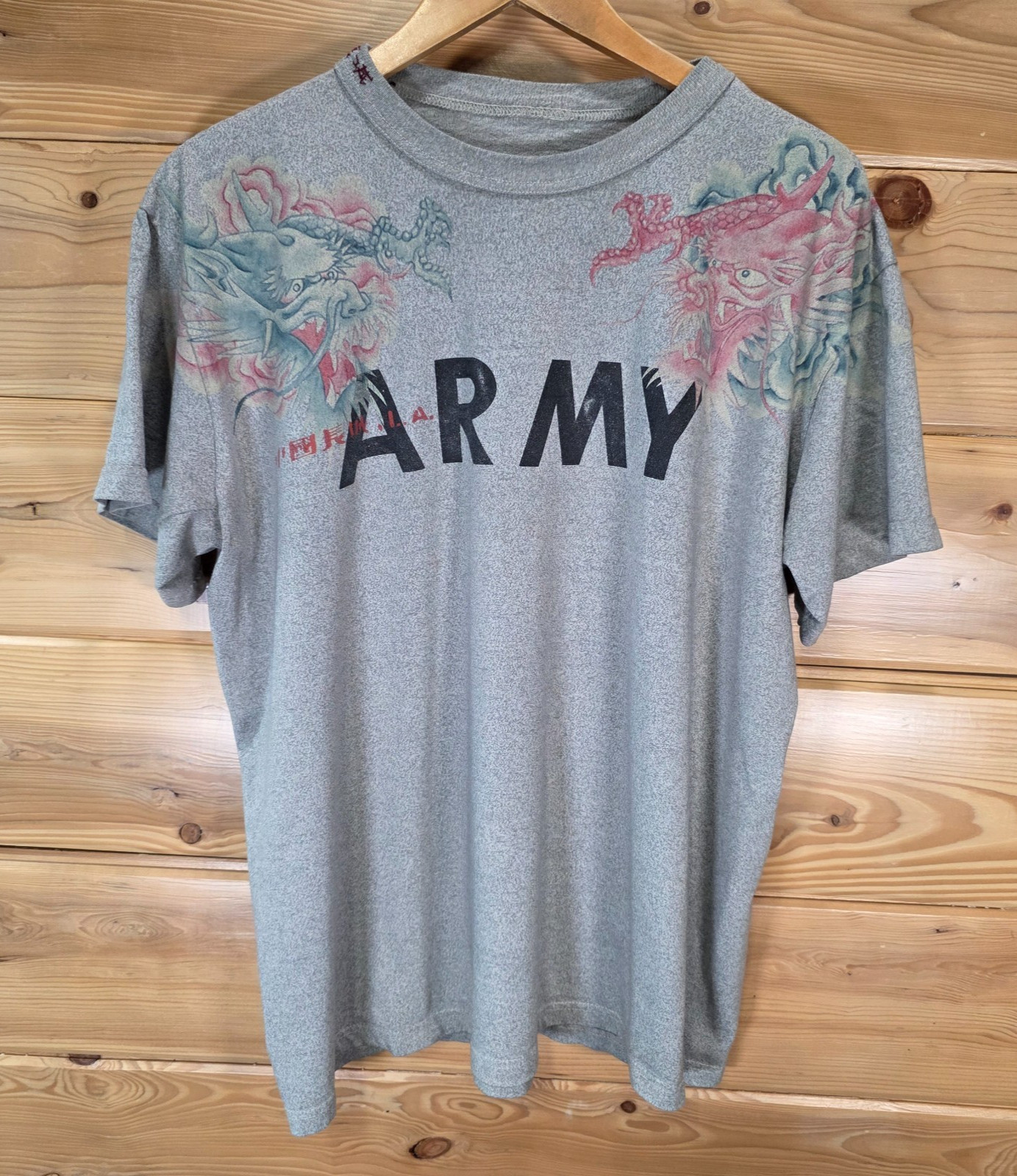 The Great China Wall Army T Shirt Men L/XL Boxy Dragon Custom Embroidered READ