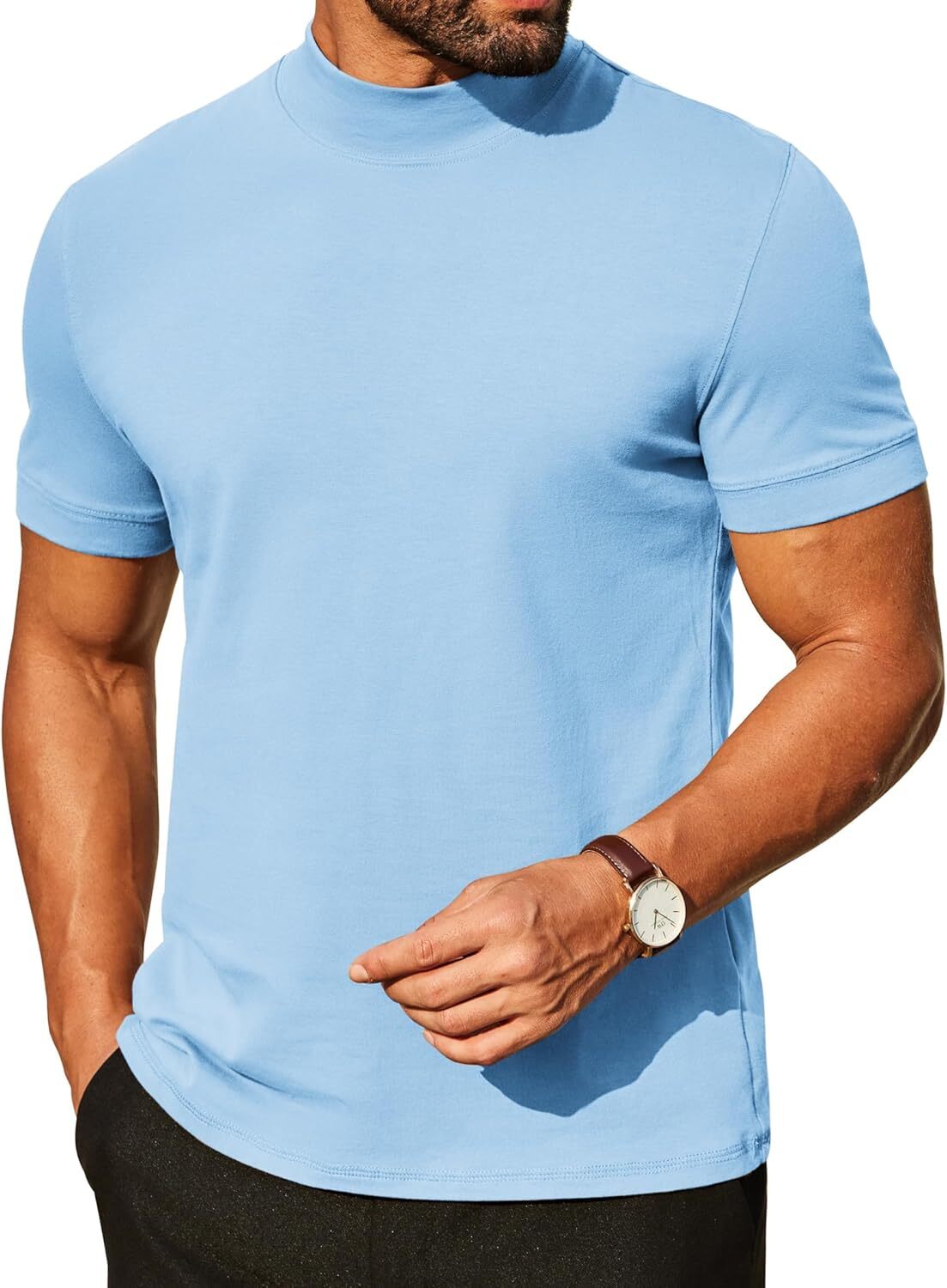 Mens Premium Cotton Short Sleeve Mock Turtleneck Half Neck Basic Tee Casual Fit gallery