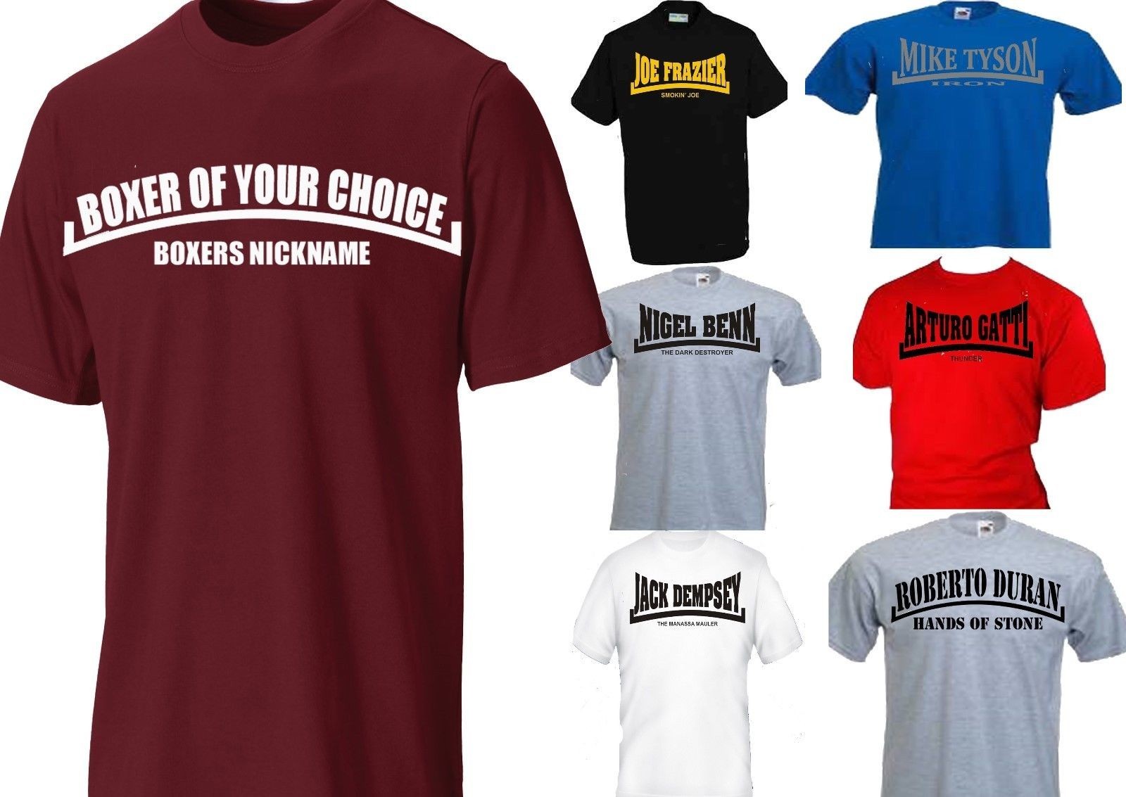 BOXING T-SHIRT CHOOSE YOUR OWN BOXER AND THERE NICKNAME DURAN TYSON ALI GGG
