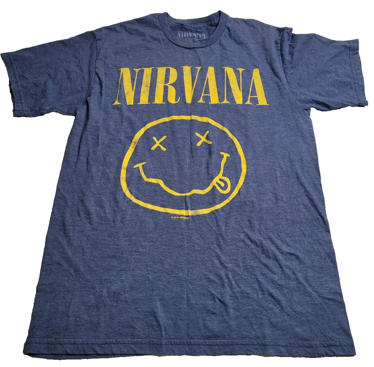 Nirvana Smiley Face Classic Spell Out Blue Yellow T-Shirt Men's Medium gallery