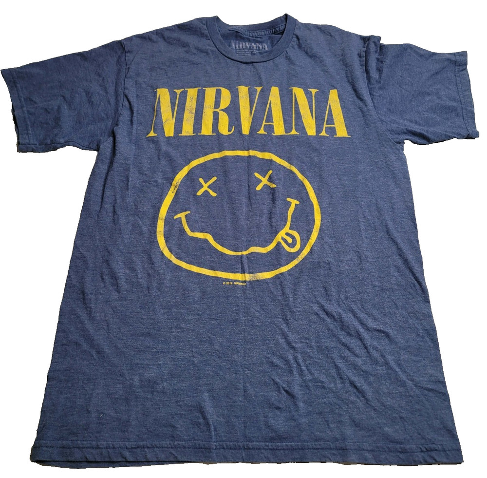 Nirvana Smiley Face Classic Spell Out Blue Yellow T-Shirt Men’s Medium