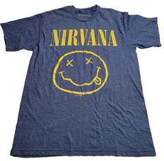 Nirvana Smiley Face Classic Spell Out Blue Yellow T-Shirt Men’s Medium