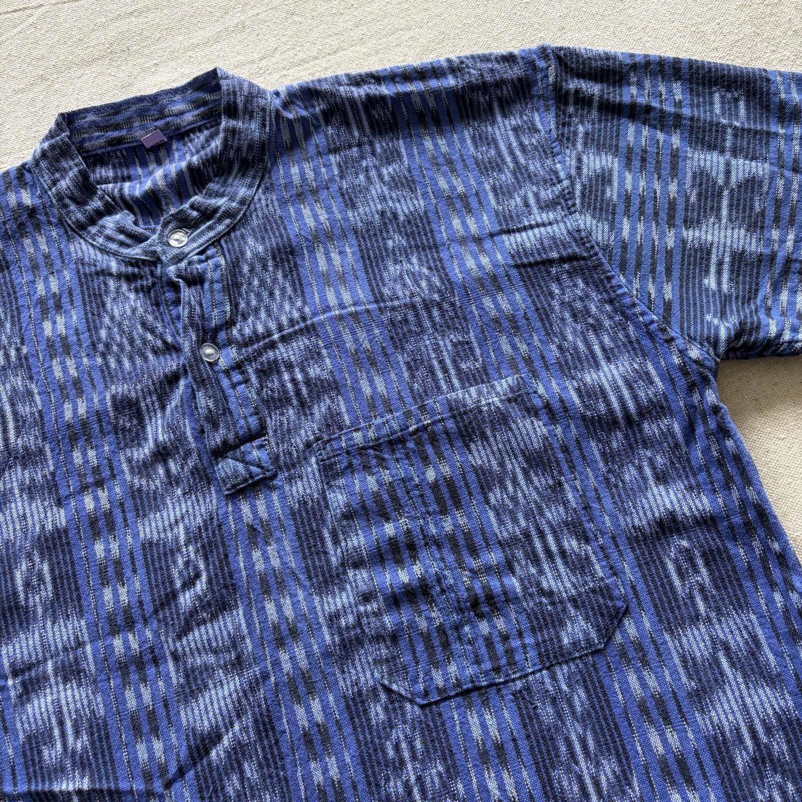 Guatemalan Ikat Collarless Henley Indigo Blue Shirt Men's Medium M Women's Large gallery