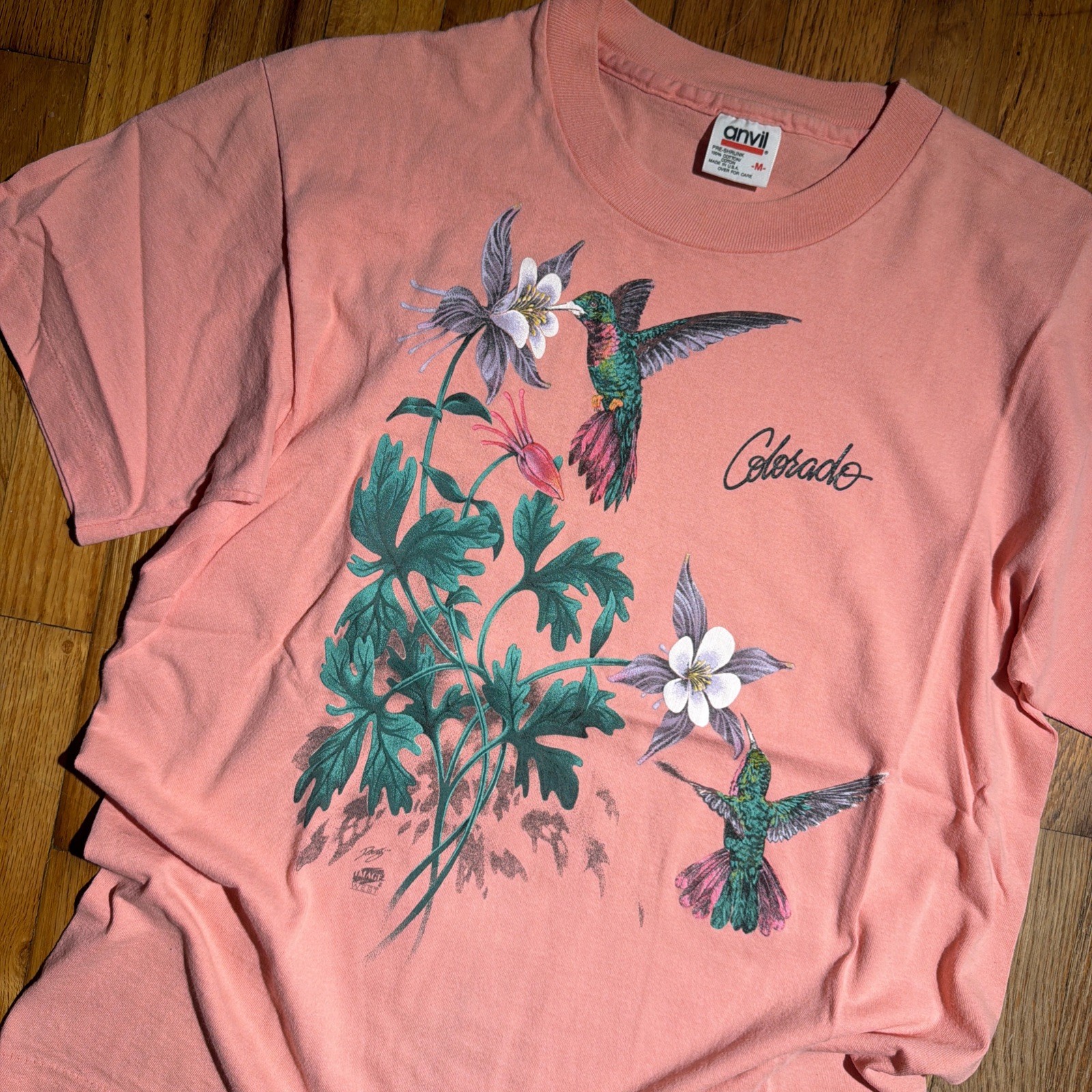 Vintage Hummingbird Bird Nature Flowers Art Shirt Medium Colorado USA 90's gallery