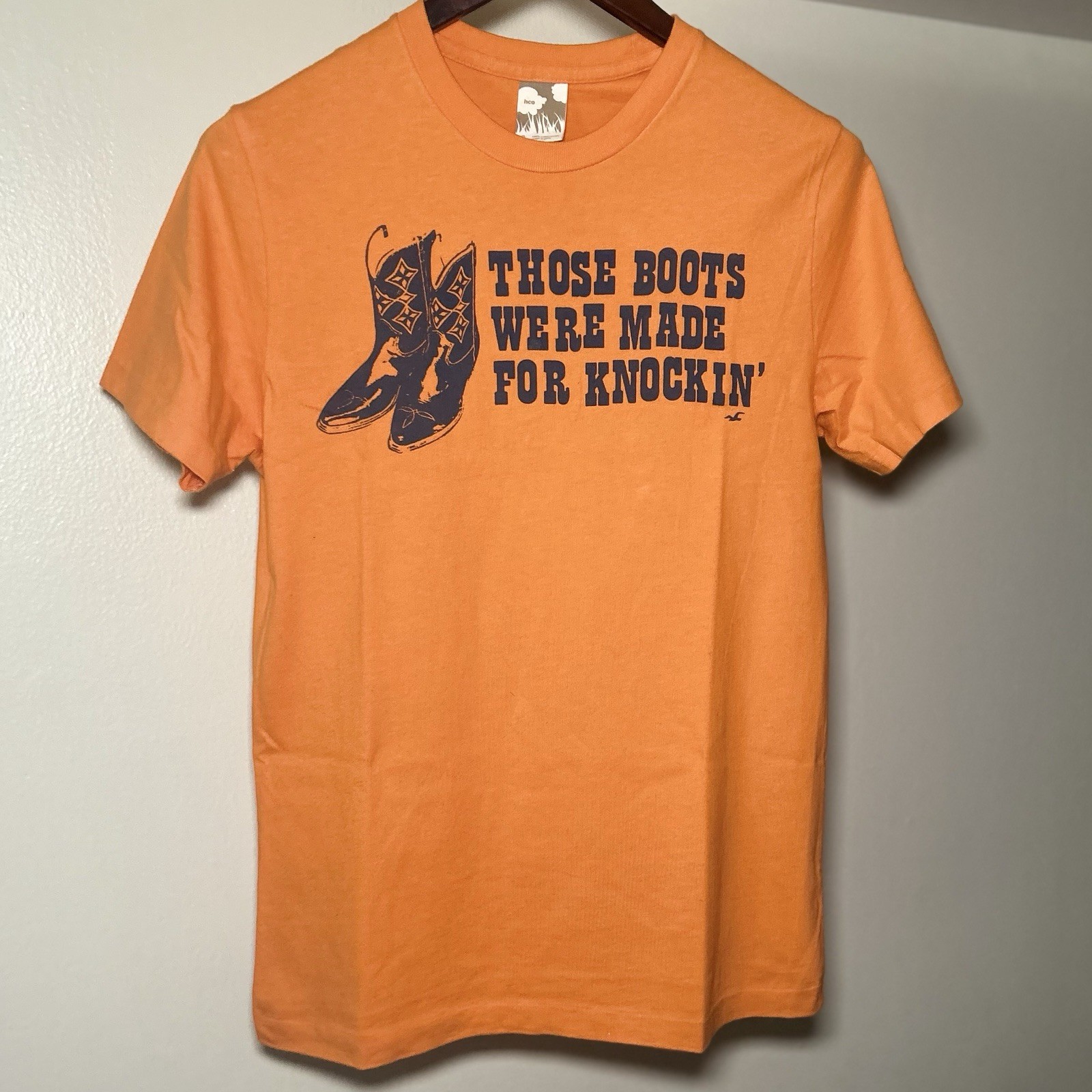 Vintage Y2K Humor Hollister Tee Those Boots Were Made For Knockin Small Orange
