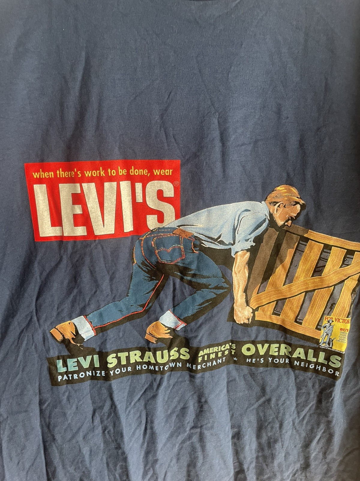 Levis Jeans Overalls 90s Vintage USA Workwear Graphic Tee Blue XL Deadstock gallery