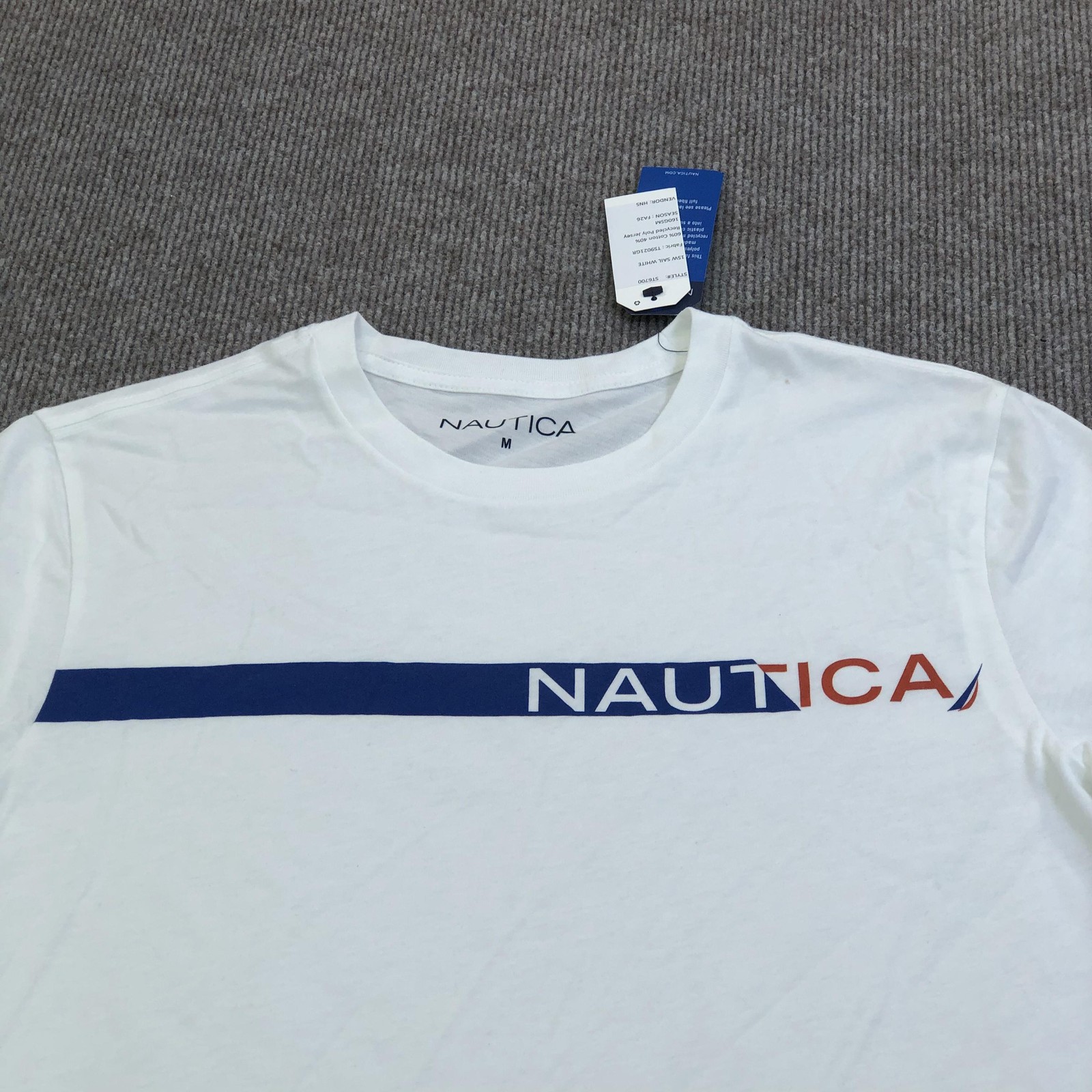 Nautica Shirt Mens Medium White Logo Stripe Graphic Tee Tagless Nautical gallery