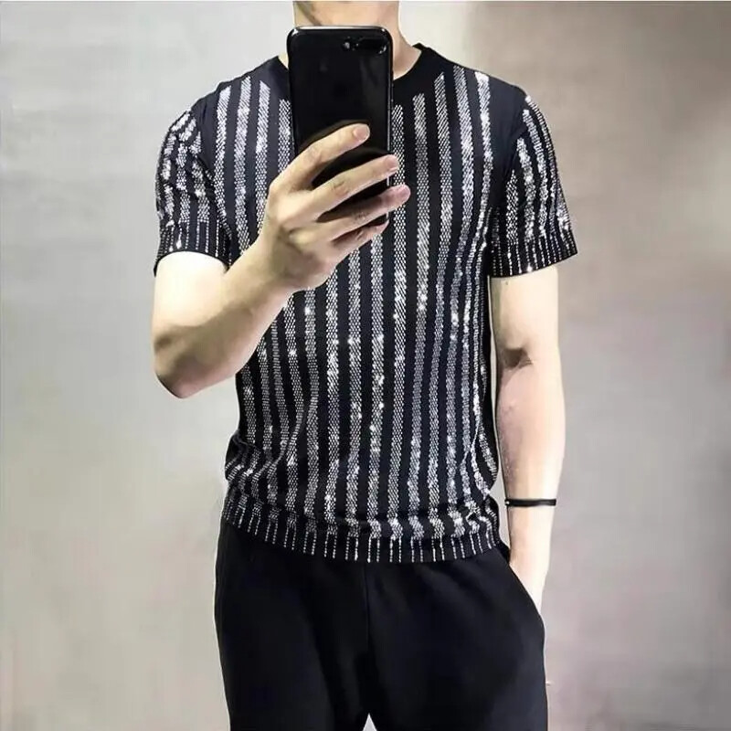 New Men Luxury Diamond Rhinestones Fashion Black T-Shirt High Quality gallery
