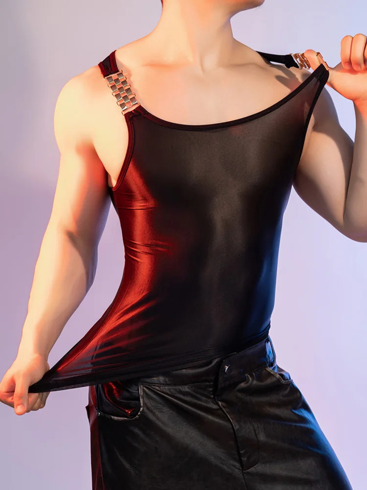 Sexy T-shirts Oil Glossy Shiny Stretch Shiny Sheer See Through Vest Tank Tops gallery