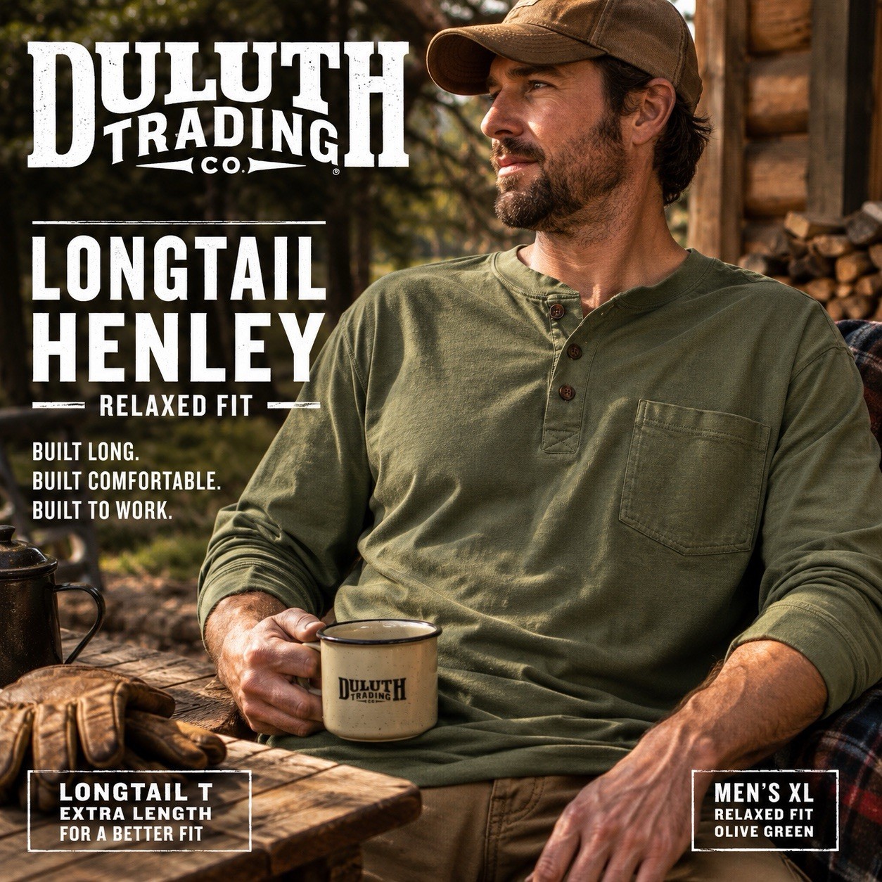 Duluth Trading Co. Longtail Men’s Henley Long Sleeve Pocket Tee Olive Green XL gallery
