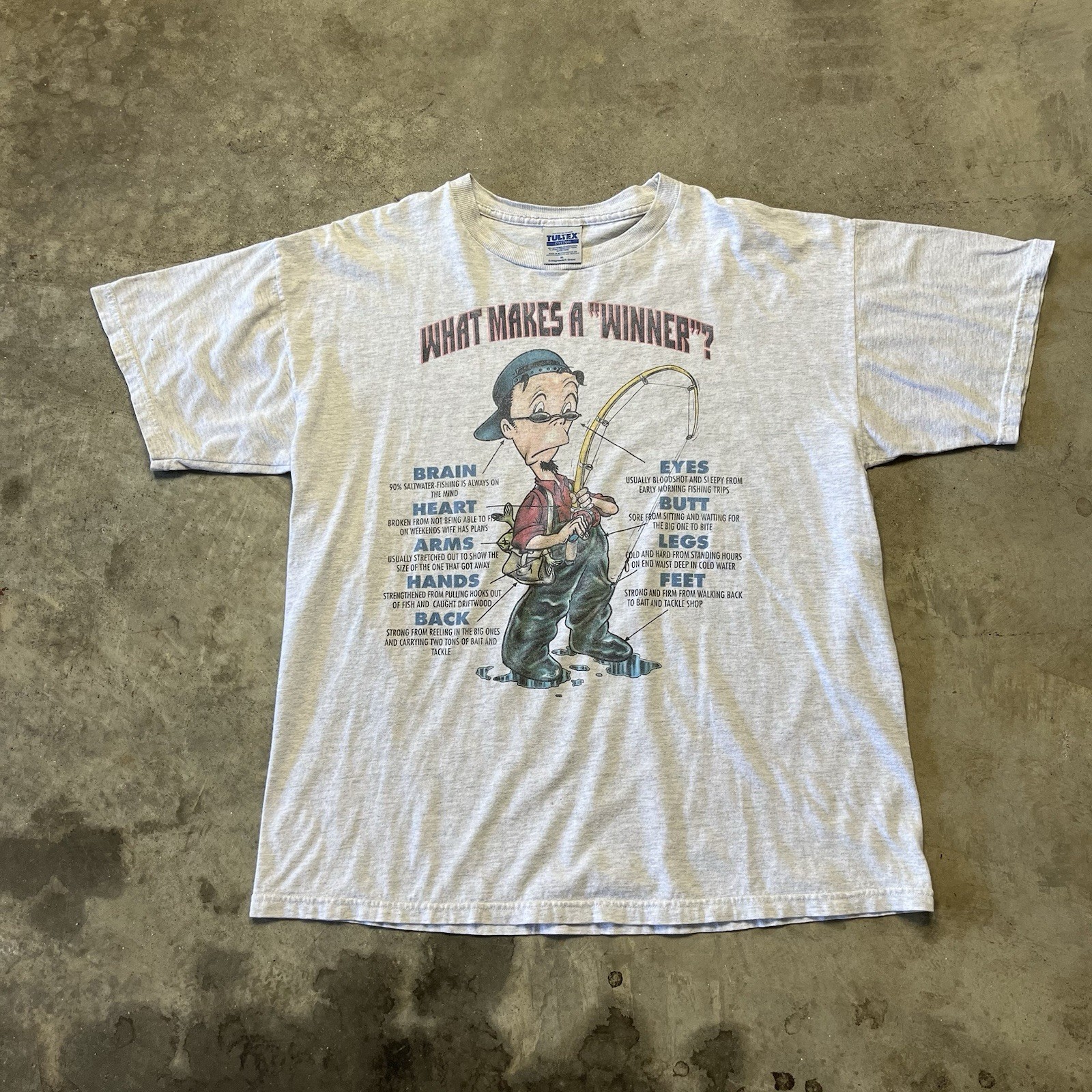 Vintage Tultex Fishing Cartoon T Shirt Mens XL Gray Funny Dad Joke Winner 90s gallery